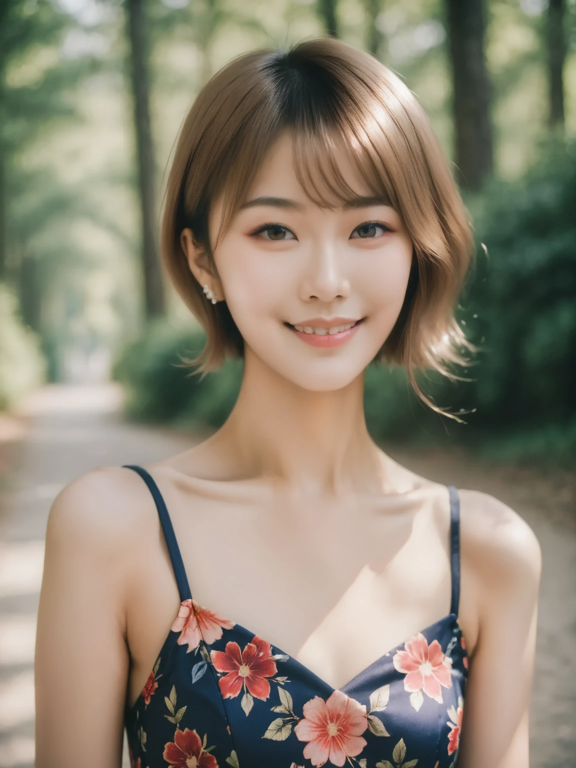 ((top quality、8K、Masterpiece:1.3、ultra high resolution))、(clear focus:1.4)、rest、a japanese lady、young、1 person、upper part of body、from directly above、light skin tone、((dark brown hair))、short hair、(Red and floral dress:1.2、cute dress、fine fabric)、Super thin face、delicate eyes、Narrow eyes、double eyelids、cheeks flushed、Delicate skin、sweat、shiny skin、Glowing skin、shadow skin、make up、rosy lips、a smile、big breasts、looking at camera、rest、(Detailed background、university campus:1.5)、daytime、natural lighting