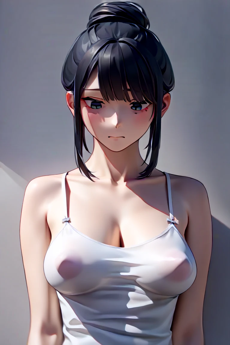 simple background、(masterpiece、top-quality:1.2)、((facing front:1.2))、With bangs、A dark-haired、Longhaire、Young woman at 17 years old、((The upper part of the body:1.2))、Promotional Art、offcial art、(show breast)、(Exposing breasts)、(Expose nipple)、fullnude、tits out、teats、NSFW