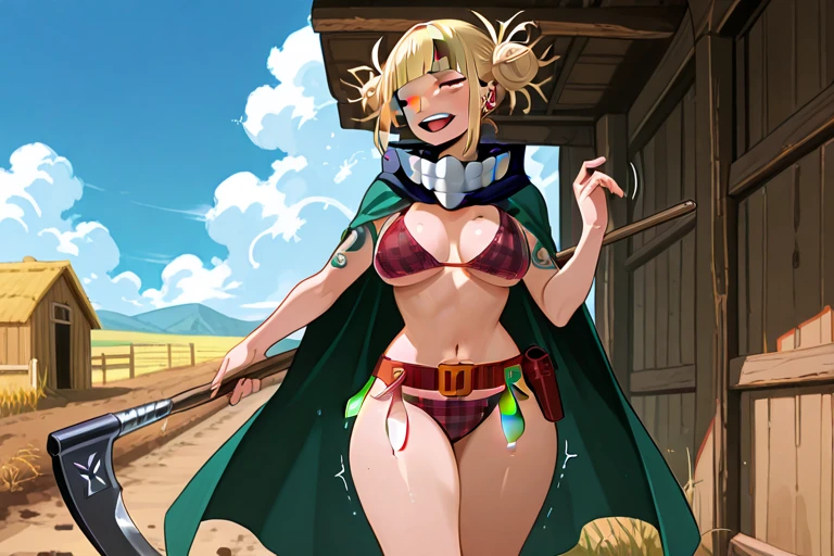 art by Kipteitei, (masterpiece, best quality, amazing lightning), blonde hair, wavy long hair, ponytail, happy expression, skull belt buckle, frilly black and blue bikini, thigh highs, garter belts, green pirate captains jacket, holding a bag of money, cleavage, blue eyes, ocean and islands background, detailed background