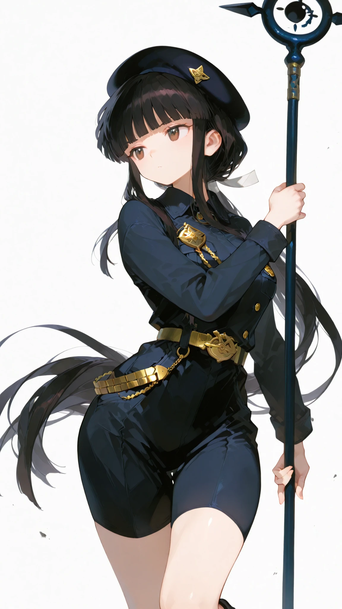very long hair, blunt bangs, sidelocks, hime cut,,hair ribbon, long hair, blunt bangs, sidelocks, low ponytail,,kikyoinu, black hair, brown eyes,,杰出作品,轻微写实, 优质非凡, 非常美观, 超高分辨率, 高分辨率,动漫风格,惊人品质，成熟女性，非常漂亮**Wearing a simple black beret with a small gold badge, Suit: tight-fitting dark blue and black jumpsuit, plain very high breasted, hip front pose, simple black shorts worn over the jumpsuit, simple gold v-shaped belt, Legs: simple knee-high black boots with no decorations, Pose: Dynamic fighting pose, holding a long staff, Background: simple light-coloured or white with soft glows