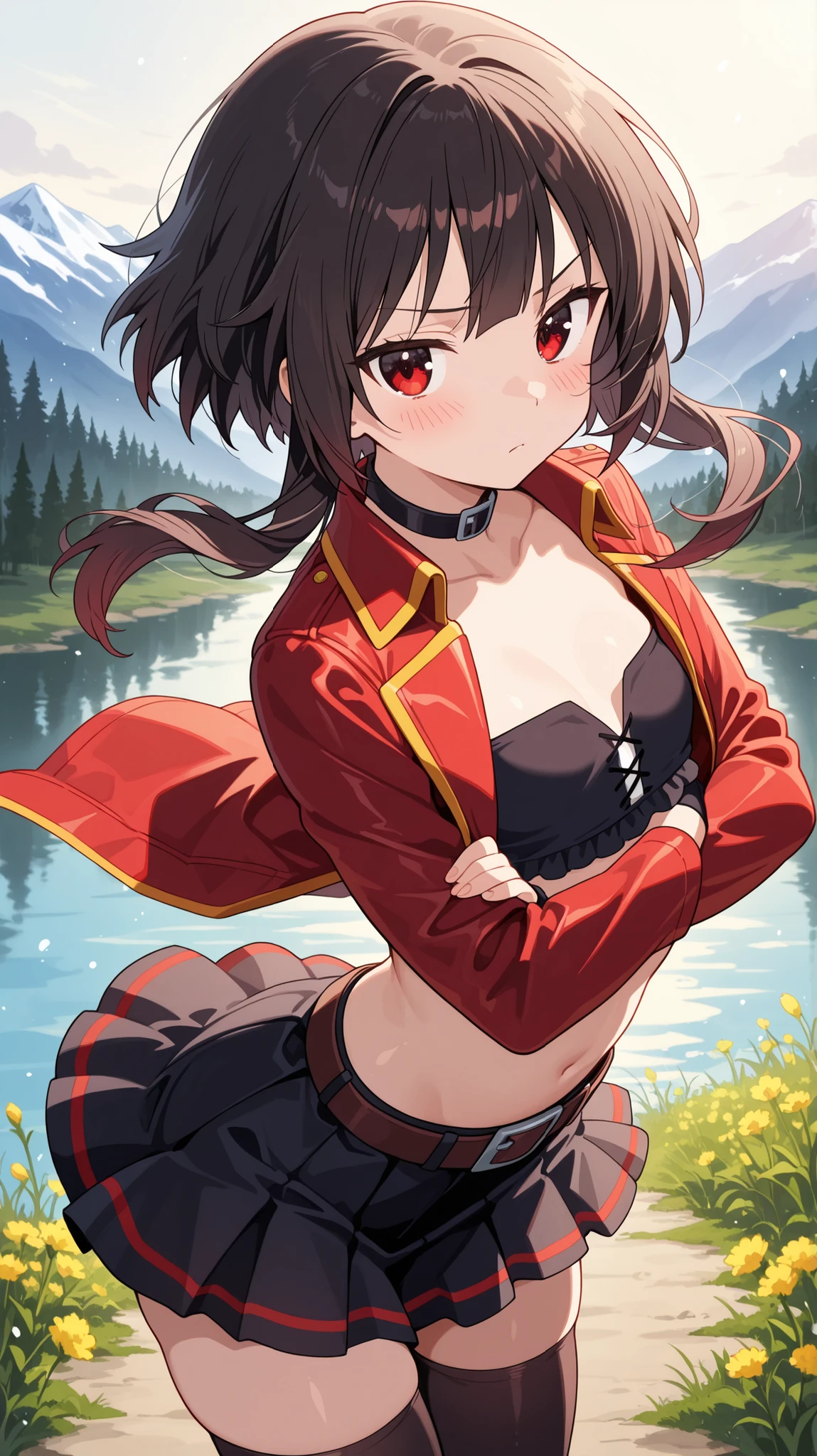 BREAK (masterpiece:1.2), best quality, high resolution, unity 8k wallpaper, (illustration:0.8), (beautiful detailed eyes:1.6),majestic alpine lake at sunrise, perfectly still water reflecting snow-covered mountains and pine forests, low mist drifting above the water’s surface, soft morning light painting the scene in pastel pink and gold, wildflowers and rocks along the shore, pure untouched nature, tranquil and cinematic, highly detailed landscape with natural textures, no peoplemegumin, short hair, black hair, red eyes, short hair with long locks,thighhighs,belt, black thighhighs,red leather jacket,open jacket,black short top,frilled mini skirt,black skirt,black chocker,strapless top,blush,looking at viewer,cowboy shot,alluring body curves, seductive expression,floating hair,serious face,arched back,seductive pose,floating skirt,berely vissible lace panties,