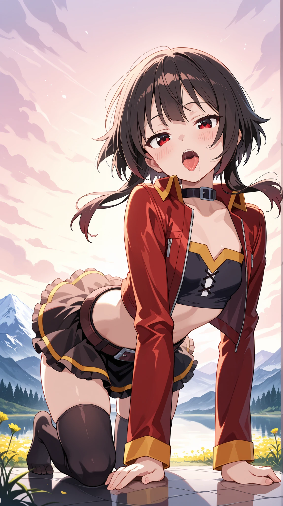 BREAK (masterpiece:1.2), best quality, high resolution, unity 8k wallpaper, (illustration:0.8), (beautiful detailed eyes:1.6),majestic alpine lake at sunrise, perfectly still water reflecting snow-covered mountains and pine forests, low mist drifting above the water’s surface, soft morning light painting the scene in pastel pink and gold, wildflowers and rocks along the shore, pure untouched nature, tranquil and cinematic, highly detailed landscape with natural textures, no peoplemegumin, short hair, black hair, red eyes, short hair with long locks,thighhighs,belt, black thighhighs,red leather jacket,open jacket,black short top,frilled mini skirt,black skirt,black chocker,strapless top,blush,looking at viewer,cowboy shot,alluring body curves, seductive expression,floating hair,open mouth,showing tongue,saliva,arched back,seductive pose,kneeling on all fours,detailed body posture,feet,from below,