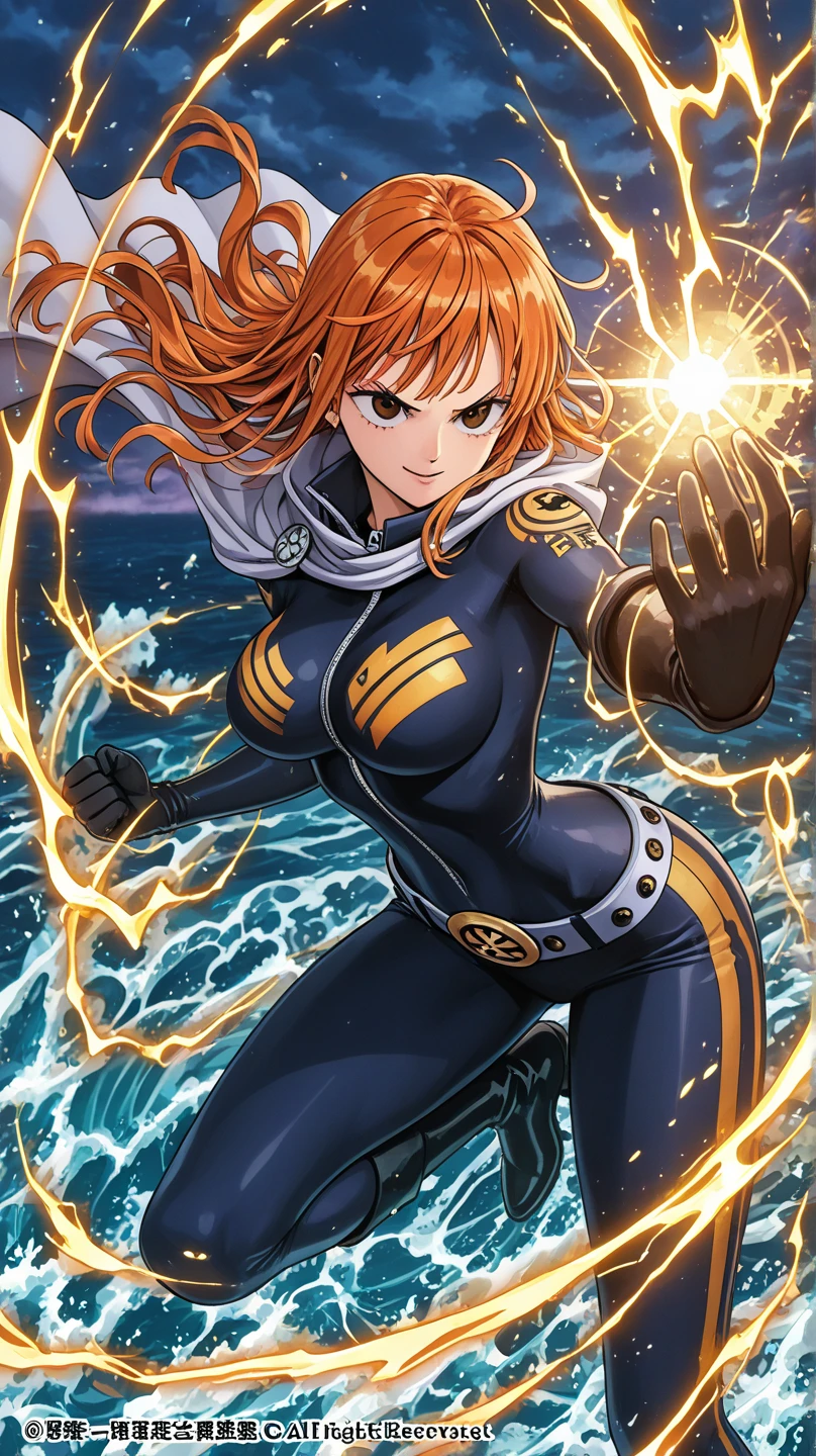 Imagine Nami (one piece character) standing on the deck of the Thousand Sunny, her presence dominating the scene amid a fierce naval skirmish. The ocean churns violently under stormy skies, a tableau that she controls with her Climatact. As she orchestrates a tempest, her silhouette is both formidable and alluring against the backdrop of lightning-lit clouds. Her outfit, practical yet flattering, accentuates her form without compromising her ferocity. With a composed yet intense gaze, she directs a lightning bolt with surgical precision towards an enemy vessel. The scene captures her as the epitome of fierce elegance and power, her orange hair billowing like flames around her determined face, embodying a perfect blend of strength and beauty, as she decisively turns the tide of battle.
