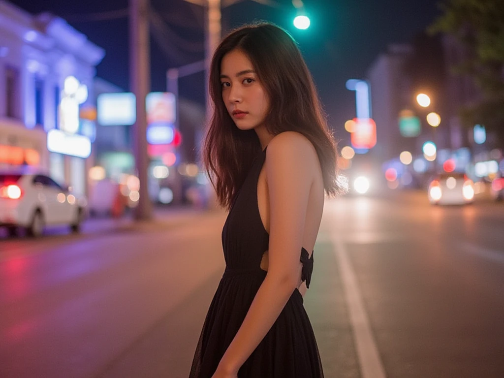 Wandering the city at night、Long black hair、Beautiful woman in a black dress、Real、Like a photograph