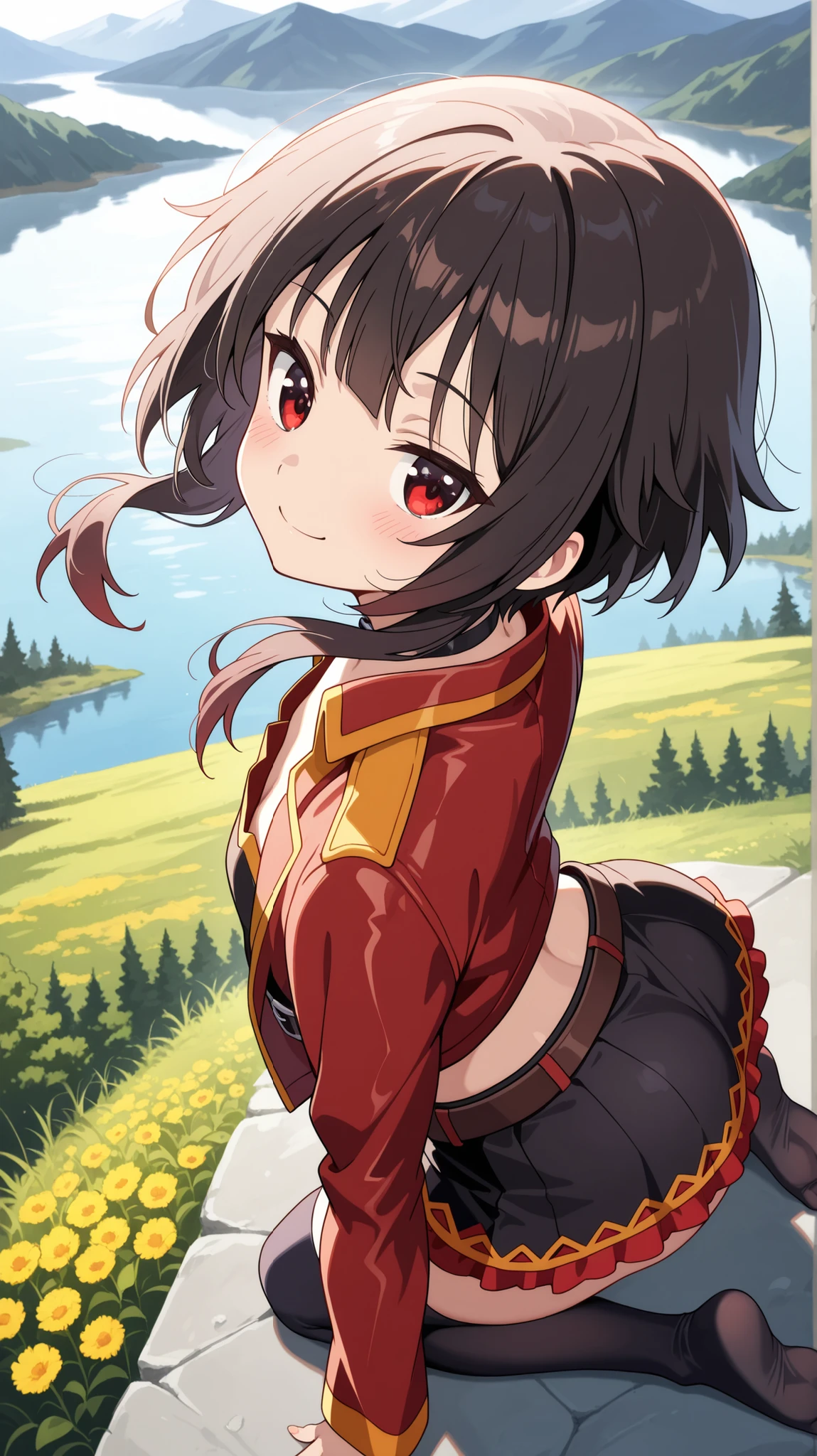 BREAK (masterpiece:1.2), best quality, high resolution, unity 8k wallpaper, (illustration:0.8), (beautiful detailed eyes:1.6),majestic alpine lake at sunrise, perfectly still water reflecting snow-covered mountains and pine forests, low mist drifting above the water’s surface, soft morning light painting the scene in pastel pink and gold, wildflowers and rocks along the shore, pure untouched nature, tranquil and cinematic, highly detailed landscape with natural textures, no peoplemegumin, short hair, black hair, red eyes, short hair with long locks,thighhighs,belt, black thighhighs,red leather jacket,open jacket,black short top,frilled mini skirt,black skirt,black chocker,strapless top,blush,looking at viewer,cowboy shot,alluring body curves, seductive expression,floating hair,smile,arched back,seductive pose,kneeling on all fours,detailed body posture,feet,from above,from behind,photo from back,