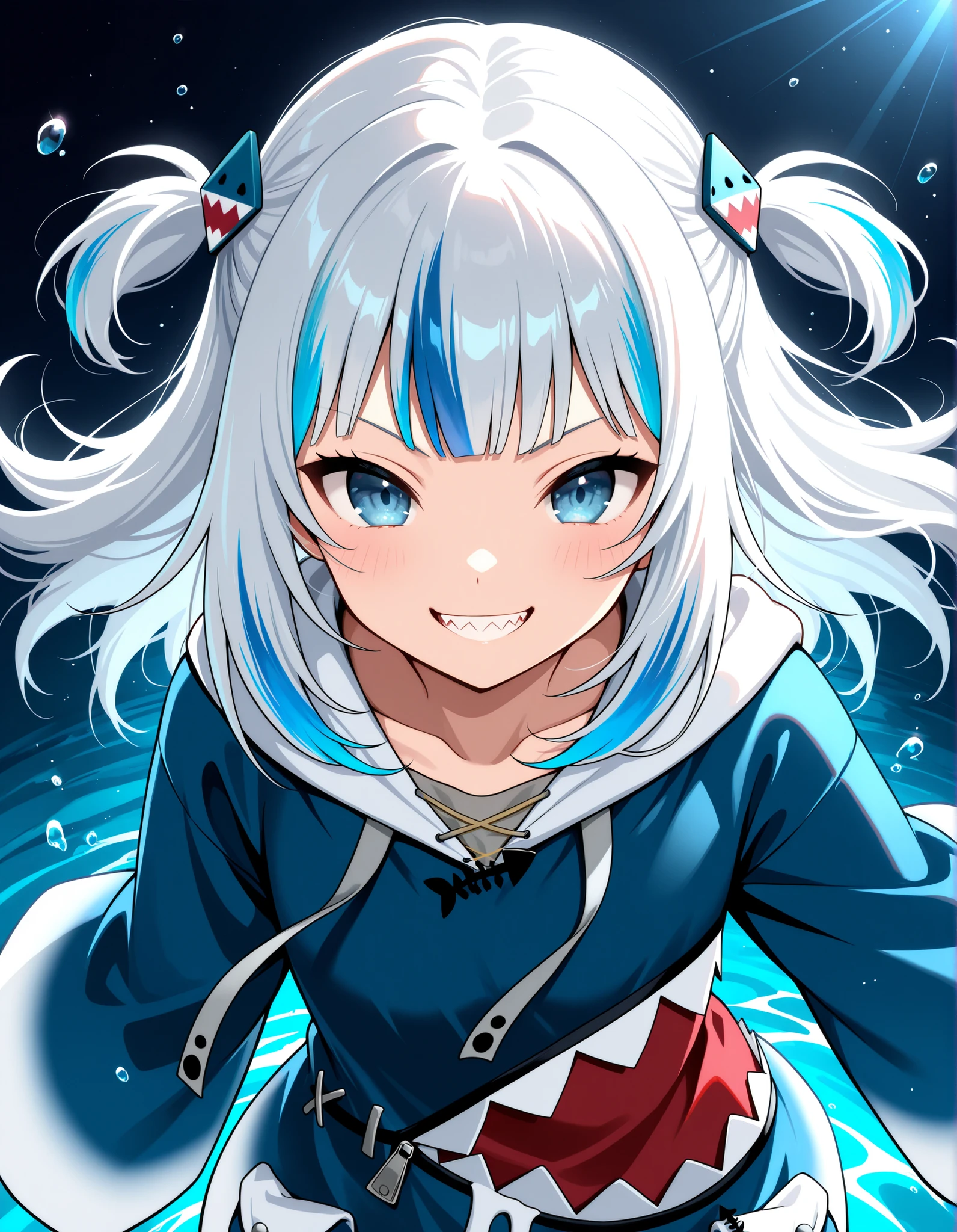 (highly detailed), (best quality), (ultra-detailed), ((extremely detailed)), (high resolution), 4K, best quality, (beautiful), (dynamic lighting), (super detailed skin), sharp focus, (masterpiece), best quality, very aesthetic), 1girl, BREAK gawr gura,virtual youtuber,blue eyes,shark hair ornament,multicolored hair,blue hair,two side up,grey hair,smile,