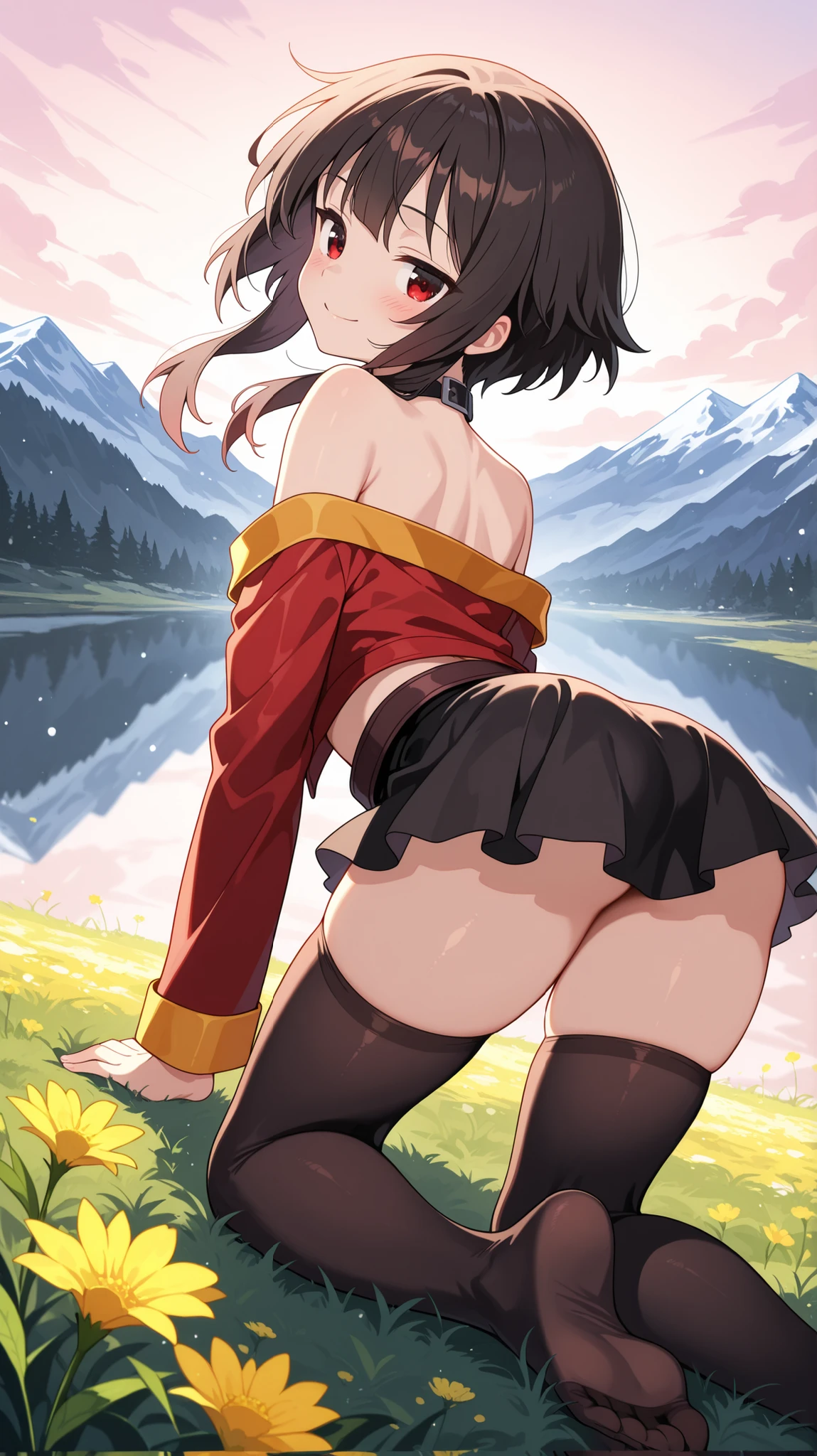 BREAK (masterpiece:1.2), best quality, high resolution, unity 8k wallpaper, (illustration:0.8), (beautiful detailed eyes:1.6),majestic alpine lake at sunrise, perfectly still water reflecting snow-covered mountains and pine forests, low mist drifting above the water’s surface, soft morning light painting the scene in pastel pink and gold, wildflowers and rocks along the shore, pure untouched nature, tranquil and cinematic, highly detailed landscape with natural textures, no peoplemegumin, short hair, black hair, red eyes, short hair with long locks,thighhighs,belt, black thighhighs,red leather jacket,open jacket,black short top,frilled mini skirt,black skirt,black chocker,strapless top,blush,looking at viewer,cowboy shot,alluring body curves, seductive expression,floating hair,smile,arched back,seductive pose,kneeling on all fours,detailed body posture,feet,from below,from behind,photo from back,