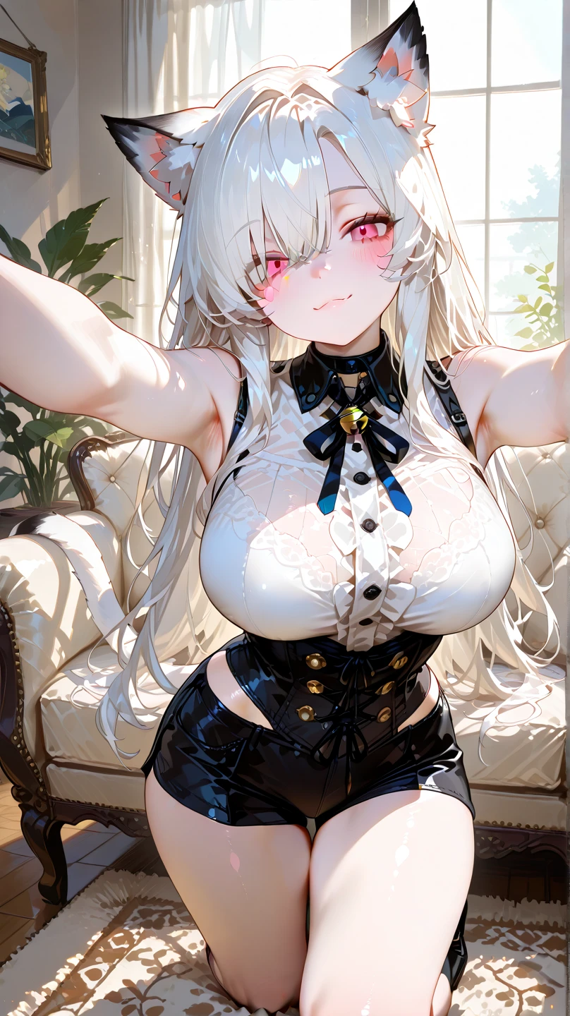 masterpiece, Highest quality, whole body, 1 girl, bangs, Silver Necklace, Blonde, Pink Eyes, blush, bracelet, Huge breasts, Waist clothes, clavicle, Gradient Hair, shy, jewelry, Long Hair, Looking at the audience, Loose Necklace, lattice, lattice skirt, pleated skirt, short skirt, ring, white woman'Shirt, off-shoulders woman'Shirt, woman'Shirt, skirt, brown skirt, Innocent, Lonely, street, null, cherry blossoms, petal, figure, fashionable, Escape, Energetic, Complete set of clothing, Strike a Pose, front, Rich and colorful, dynamic, background, Express, statement, accessories, Majestic, Curled up, touch, scene, impressive, Fashionable, impressive, Modern, tendency, Key Point, fashion, sexy, Captivating breasts, pretty girl, Top of the crop