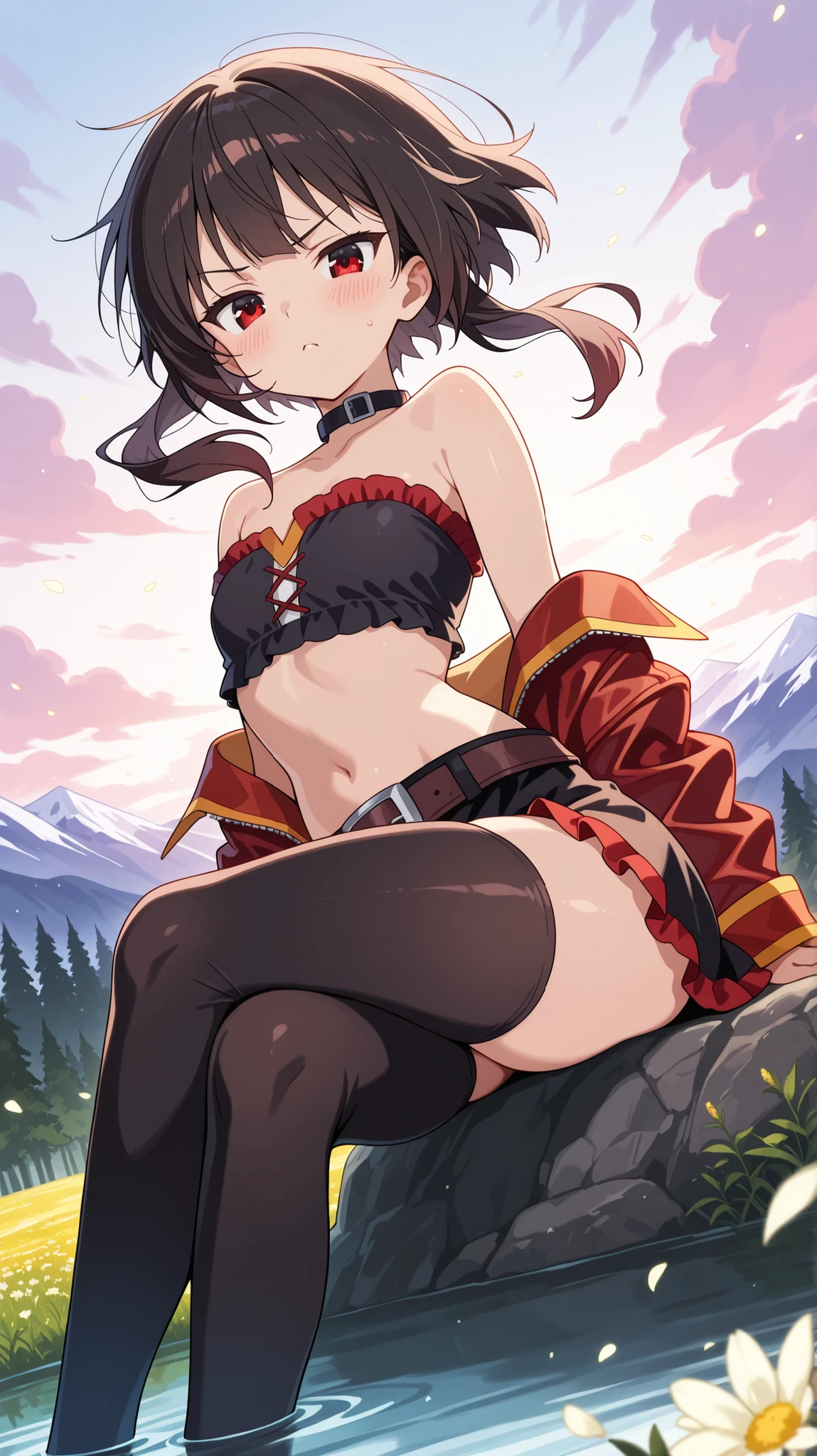 BREAK (masterpiece:1.2), best quality, high resolution, unity 8k wallpaper, (illustration:0.8), (beautiful detailed eyes:1.6),majestic alpine lake at sunrise, perfectly still water reflecting snow-covered mountains and pine forests, low mist drifting above the water’s surface, soft morning light painting the scene in pastel pink and gold, wildflowers and rocks along the shore, pure untouched nature, tranquil and cinematic, highly detailed landscape with natural textures, no peoplemegumin, short hair, black hair, red eyes, short hair with long locks,thighhighs,belt, black thighhighs,red leather jacket,open jacket,black short top,frilled mini skirt,black skirt,black chocker,strapless top,blush,looking at viewer,cowboy shot,alluring body curves, seductive expression,floating hair,angry face,arched back,seductive pose,,detailed body posture,feet,sitting seductively,from below,cross legs,
