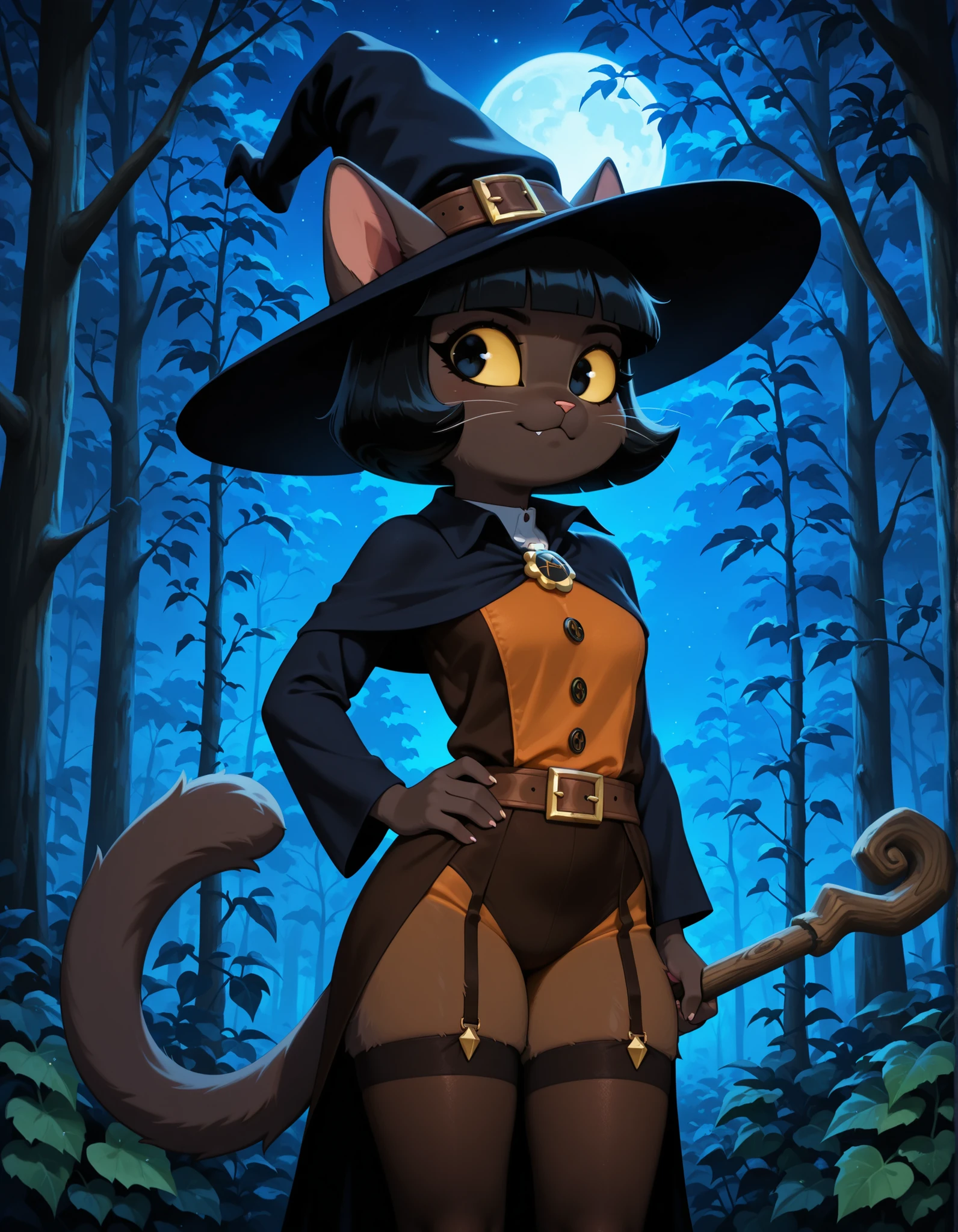 ivyc, 1girl, female, solo, black eyes, yellow sclera, brown fur, black hair, short hair, bob cut, feline, tail, ,, furry, solo, high detail, 4k, high resolution, Detailed background, spooky forest, night, (Ivy pepper, blunt bangs, black eyes, yellow sclera, furry, dark skin, dark fur, anthro cat, whiskers, cute), (witch hat, witch outfit, stockings)