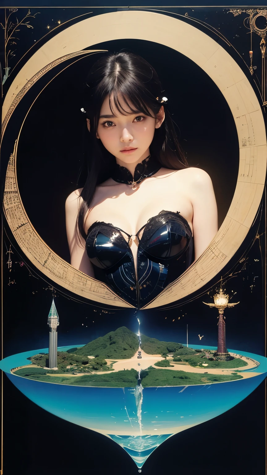 Harry Clarke, Yuko Shimizu, Emil Doepler, Daniela Iride Murgia, Kiichi Okamoto, Surrealism, Mystery, Weird, Fantastic, Fantasy, Sci-fi, Fantasy, Japanese Anime, Equation of Stylistic Experiments, beautiful High school girl assembling a crescent moon, looking at the blueprint, solo girl, Words and ideas create the world, detailed masterpiece 