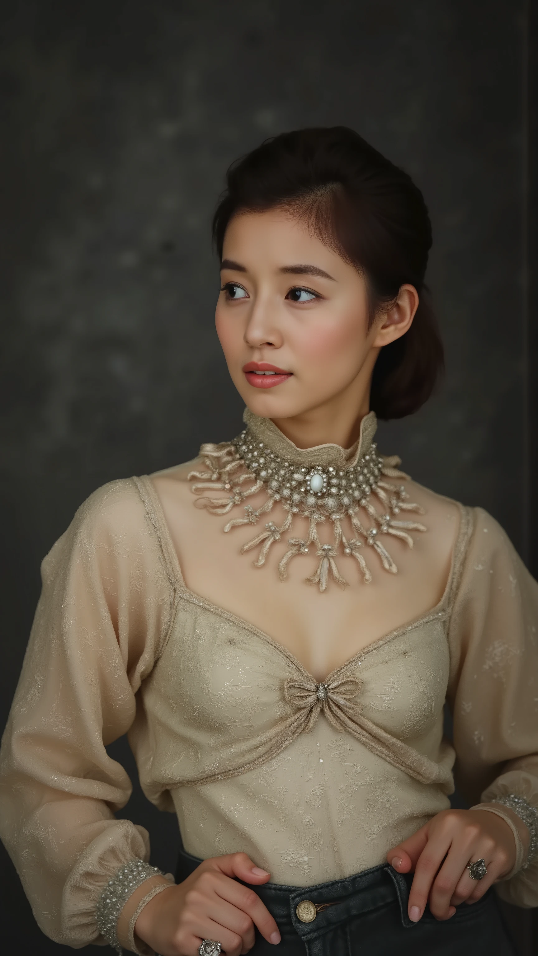 full nudeof女性,私of両手teeth縛られて頭上にあります,Filming Your Upper Body,masterpiece, Cinematic Lighting, very detailed face, very detailed eyes, pale blue eyes, Ultra Detailed Lips, リアルな質感of肌, perfect anatomy, perfect finger, full nude, (small breasts, 露出of多い胸, Disconnect, erectile nipples), slender body.胸of露出,Exposure of nipples.
 非常に若い女of子ofポートレートです, 彼of肌of色teeth明るい, medium brown  .
ダークメタルofネックレスを身に着けています, conveying a confident and somewhat mysterious mood.
 彼女teeth言う  adorned in elaborate steampunk-inspired attire.
(big, ダークメタルofネックレスを身に着けています、見る人teeth彼女に注目します顔と精巧な衣装teeth、).
彼女ofロング, 反逆的なニュアンスofある大きなお団子ヘア, 砂漠of環境を想起させる.
メイクteeth明るい紫がかったピンクofアイシャドウとそれに合わせた口紅です, of eyebrows are well defined.
彼女of表情teeth真剣ですが落ち着いています, 少し反抗的なエッジofあるテクスチャteeth.
 ((full nude)) 、Faded, 大きく開いた胸にteeth、くすんだローズ色ofタンクトップを着ています、彼女of視点teeth少し前に下がっています.
頭of上で手を組む.
ダークメタルofネックレス,erectile nipples ,ダークメタルofネックレスを身に着けています.
projects a skyscraper structured around the subject in real time, choker, she takes off her tank top and彼女of胸teeth突き出ています.
teeth、金属と色of装飾が混ざった装飾イヤリングを見せている.
コスチュームofスタイルteeth明らかにsteampunkで、and生地にteethある程度of粗さがあります.
背景teeth霞んでいる,    空of明るい青  , Emphasize.
dramatic lighting, and、and the chest is exposed.
of teXture contains creased details, layered, and彼女of胸teeth突き出ています, steampunkof要素を反映している.
of composition reflects elements of steampunk, 見る人of目を彼女of顔に引き付けます.
ファッションofディテールに焦点を当てています, 体ofディテールに焦点を当てています.
Flowing lips, mysterious, 私of唇teeth流れています、of, ヴィンテージとグランジof要素を感じさせます.
steampunk, Nikon Z7 II mirrorless camera fantasy by SCHOTT, fashion photography, selfie.