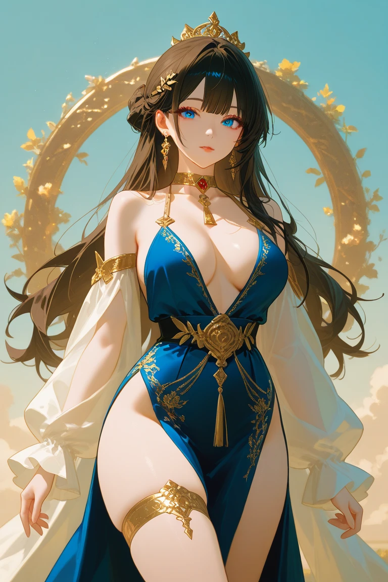 "A beautiful Middle Eastern princess with dark brown curly hair, Layla of Sheherazade, is wearing an exquisite lingerie set made of deep blue silk, adorned with silver embroidery depicting stars and moons. The delicate and lightweight fabric drapes gracefully over her form, reflecting the mysterious and exotic aura of the Sheherazade Kingdom. The lingerie is both sensual and elegant, enhancing her allure while capturing the serene beauty of the night sky in her homeland. The soft silk and celestial designs make her appearance both enchanting and regal."