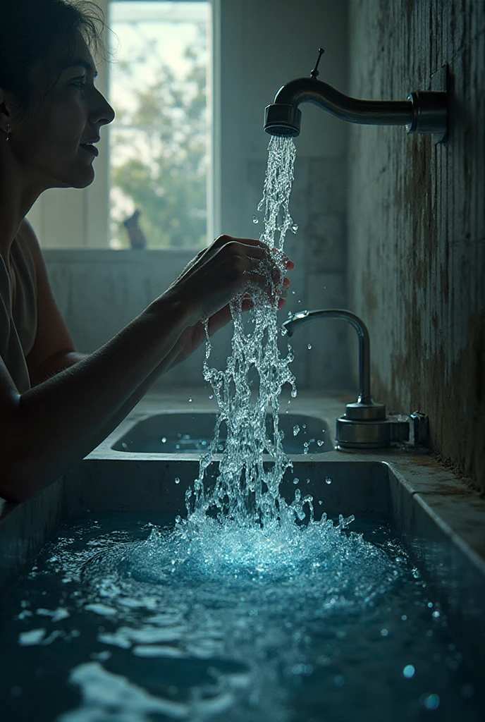 woman in a bathtub, wet look, bottom angle, blouse, jeans, boots, in water, , wet, slick!!