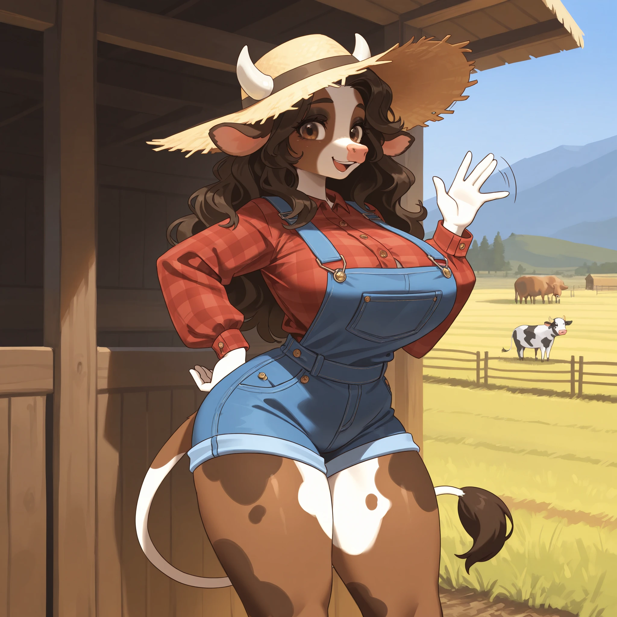 Minotaur woman, large breasts, cow woman, bell necklace, alone woman, fantasy race, farm site, cow tail, nude overalls, minotaur legs, taller