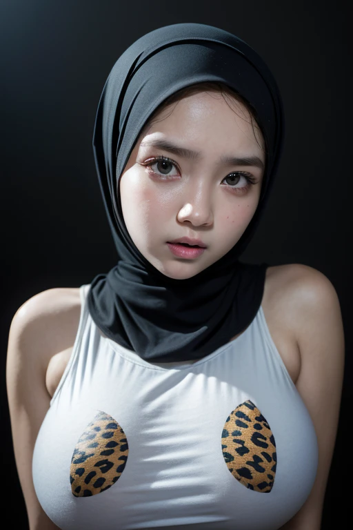 Jumbo (Singlet), Chubby adorable, 1 girl, (face to face), 10 years old, baby face, angry face expression, half body portrait, (face details: 1), (eye details: 1), ((big breasts)). wearing transparent transparency soft long shirt, hijab, .. Cute posed. proportional body. Ultra High Res. realistic: 1.4, UHD, ((leopard pattern)), ((Bigger:2.3)), (((DARK BACKGROUND)))