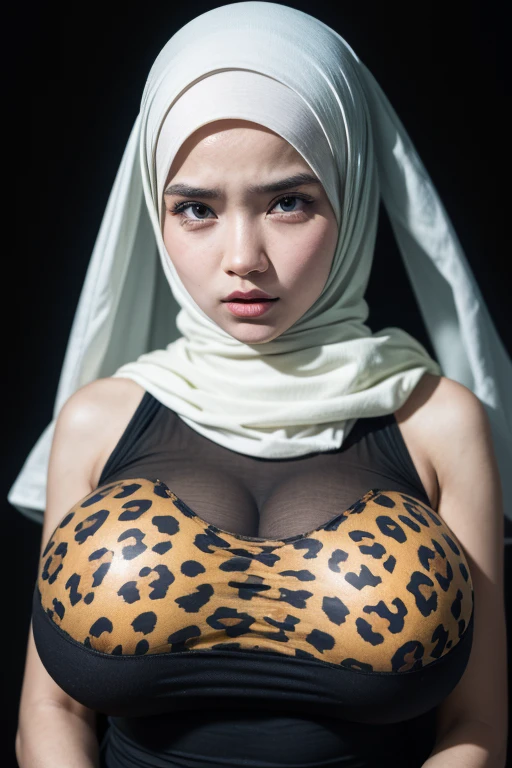 Jumbo (Singlet), Chubby adorable, 1 girl, (face to face), 10 years old, baby face, angry face expression, half body portrait, (face details: 1), (eye details: 1), ((big breasts)). wearing transparent transparency soft long shirt, hijab, .. Cute posed. proportional body. Ultra High Res. realistic: 1.4, UHD, ((leopard pattern)), ((Bigger:2.3)), (((DARK BACKGROUND)))