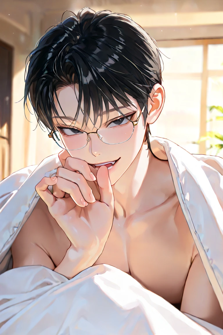 ((only one person)), A beautiful boy is sitting on a bed in a closed room，(((The whole picture is a mirror))), gay, masterpiece，highest  quality，High contrast, The upper body is naked, closeup cleavage, Interactive expressions, short detailed hair, slender body, erotic, shorts, White sox, foot fetish, (high quality watercolor:1.3), black hair
