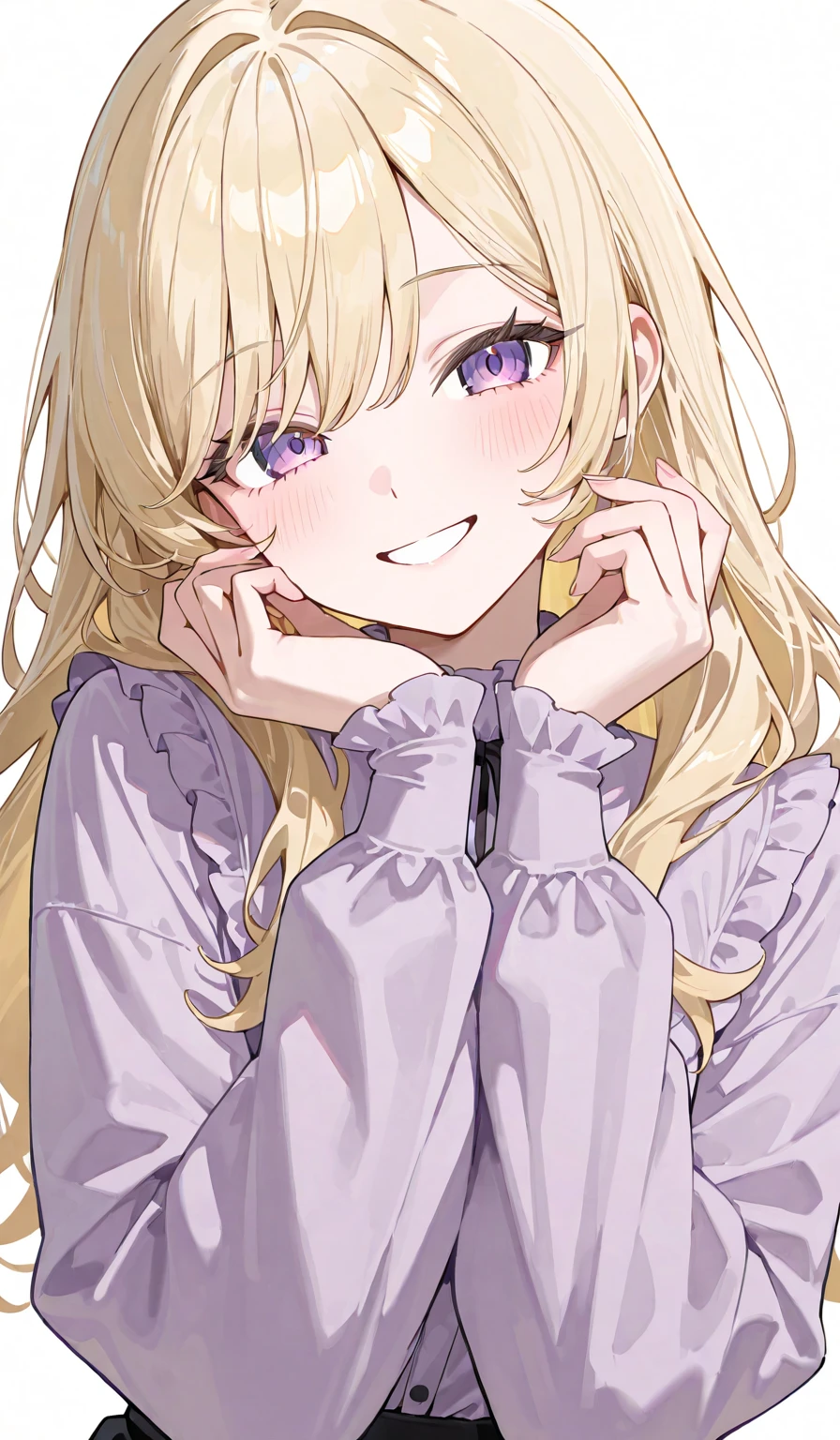 ((Best Quality)), ((Masterpiece)), (detailed), 1 girl, Pastel yellow hair, wide, hair covers one eye, purple eyes, tight, big breasts, big thighs, expression smiling shy, big pink sweater, short negros tights, small white tights, lying down, reading a book, looking at the viewer,
