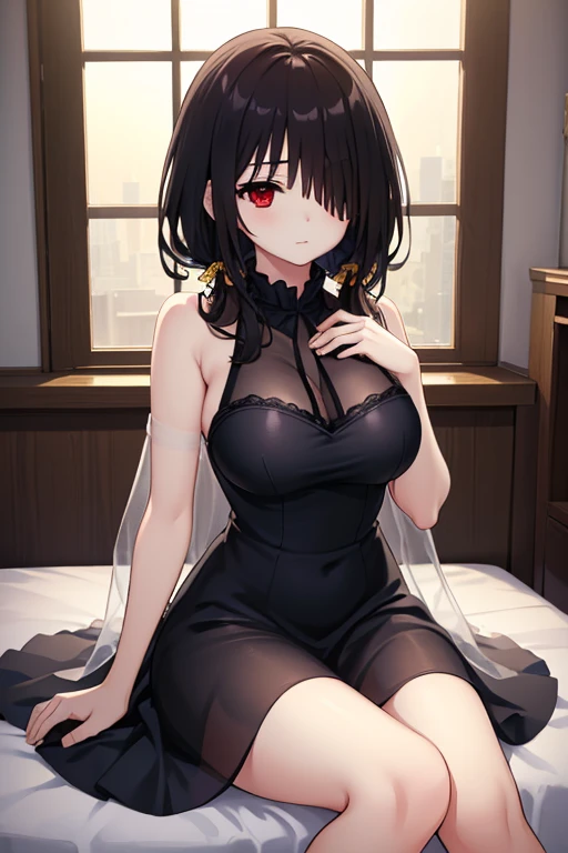 Amazing portrait of a sexy and cute woman with medium length black curly hair gazing and smiling at us seductively as she blushes hard wearing a knee-length pink short sleeved dress with black leggings underneath
