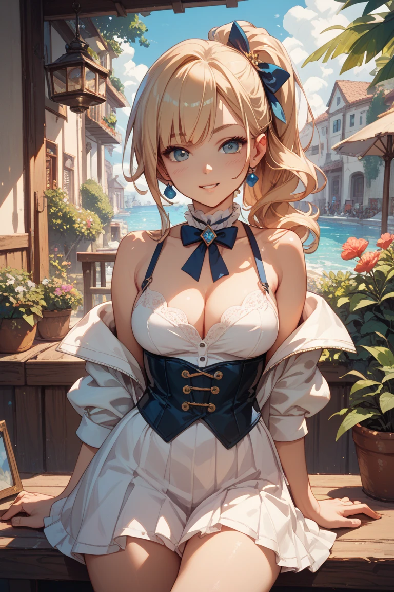 (Girl),(barbaradef),masterpiece,huge breast, outdoors, looking at viewer, detail eyes, detail face, (standing), smile, (from front:1.8), upper body shot,(detailed face), (cleavage),