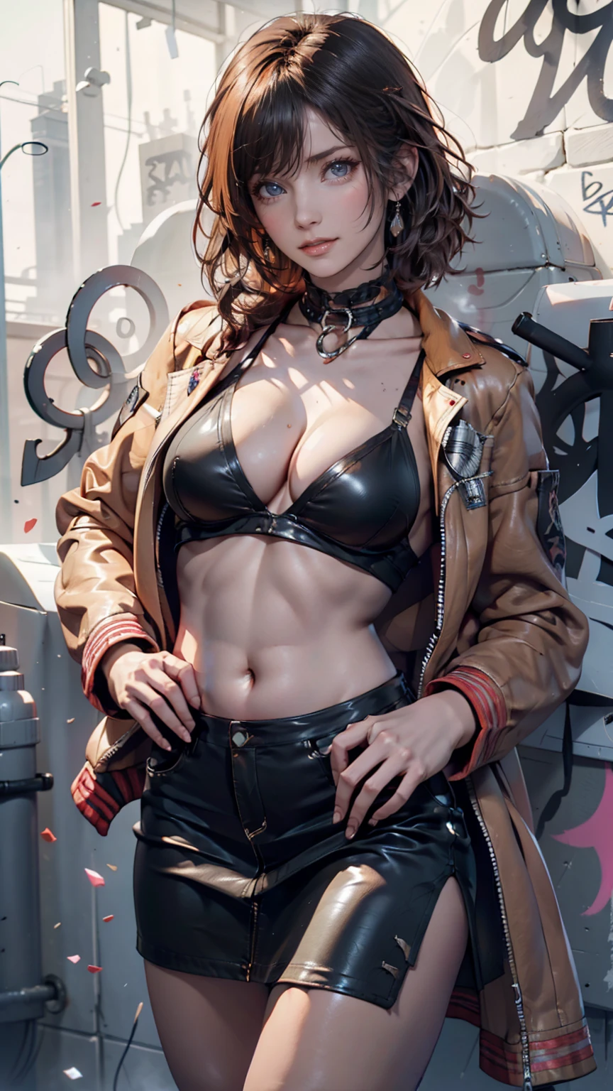 (masterpiece:1.4),(best quality:1.4),(absurdres:1.4),pin-up,Ghislaine_aiwaifu,muscular female,long hair,dark skin,dark-skinned female,animal ears,eyepatch,grey hair,scar,scar on face,scar on cheek,choker,cat ears,animal ear fluff,large breasts,one-eyed,red eyes,bangs,hair between eyes,red choker,collarbone,sidelocks,scar on stomach,bandeau,fur trim,jacket,bare shoulders,fur-trimmed jacket,scar on stomach,cleavage,off shoulder,black jacket,muscular,navel,abs,pants,highleg panties,underboob,green pants,tail,belt,long sleeves,open belt,sheath,open pants,bridal gauntlets,cat tail,sheathed,obliques,open clothes,tail ring,groin,gloves,open jacket,covered nipples,open fly,
(absurdres, highres, incredibly_absurdres:1.4),scenery,masterpiece,solo,, solo,1girl,large breasts,toned,(looking at viewer, straight-on:1.2),
