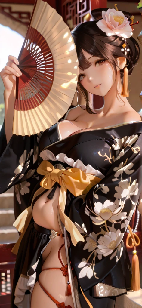 sexy female crow tengu、Japanese traditional UMA tengu, sexy japanese monk costume, Sexy brown skin, Nice sexy body、tanned healthy sexy skin、One lady、Red hair ornament、((Black Japanese style sexy costume))