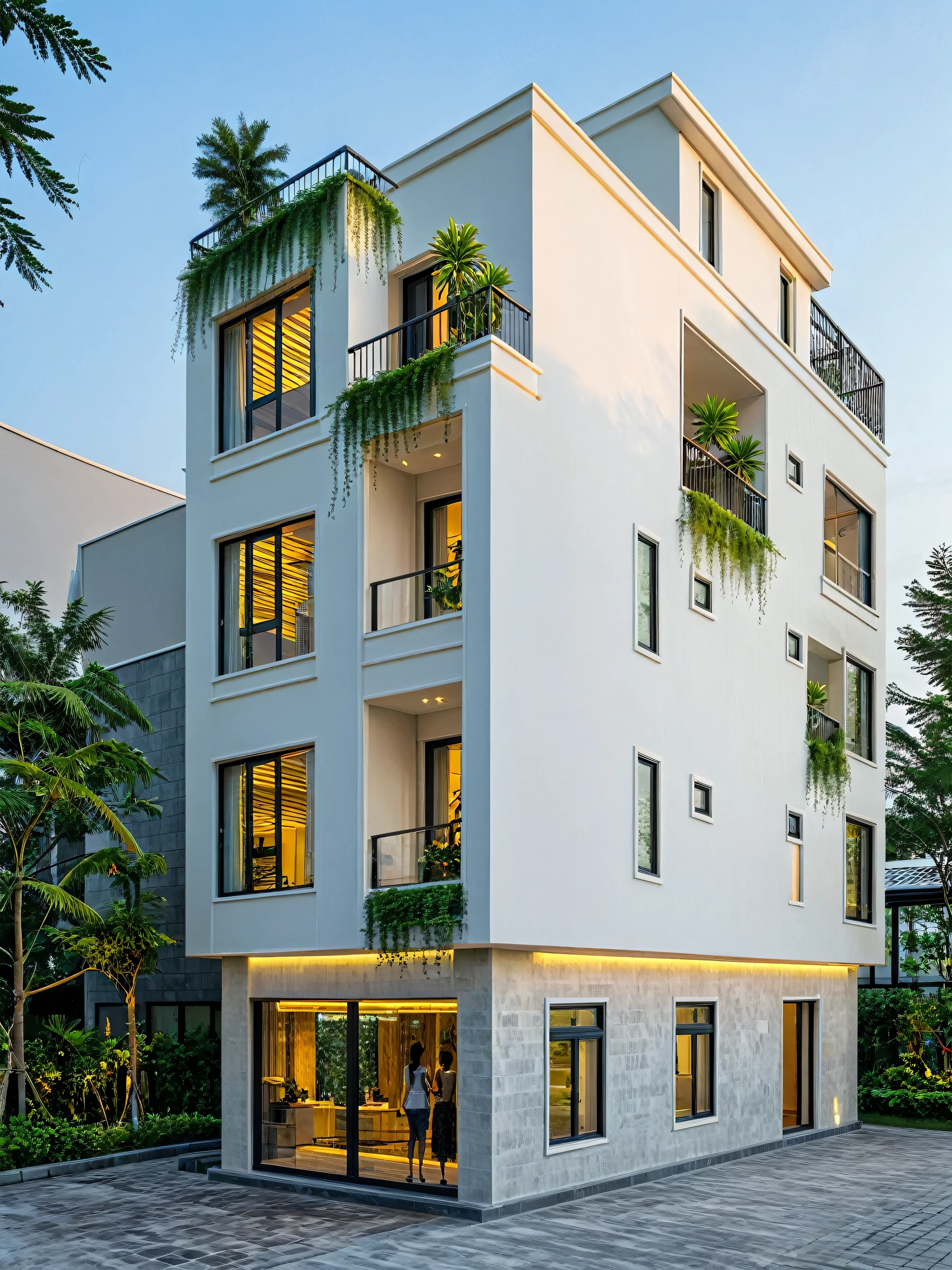 neo classical villa on street, tropical tree, vivid colour, streetcapes, black detail, white wall, large glass door, warm interior lighting, best quality,