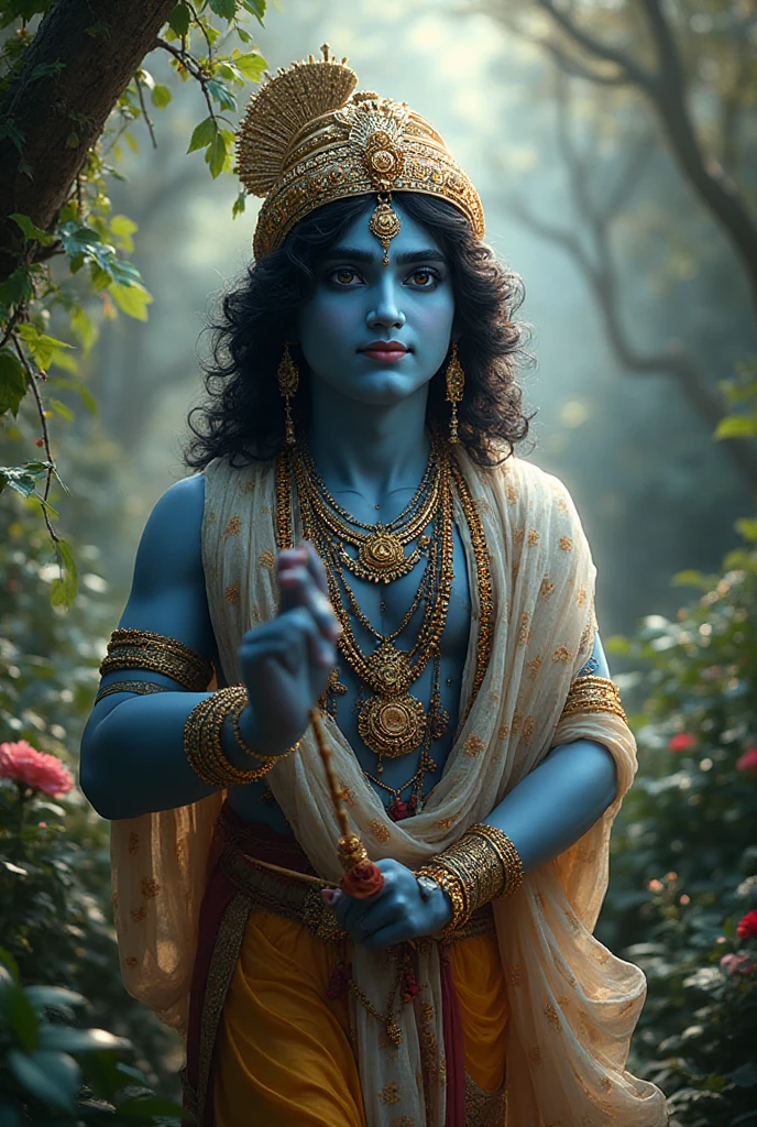 Realistic, masterpiece, 8k, high quality, cinematic lighting, cute kid,  (((blue skin))), peacock feather , beautiful kid boy, beautiful realistic eyes, divine, full body, garlands, flower garlands, golden necklace, cheerful, yellow robe pants, 