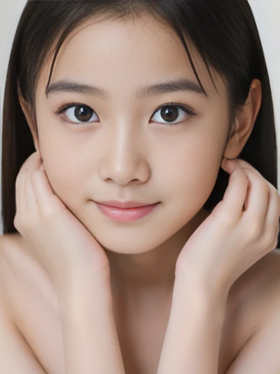 (Highest Quality, masterpiece, super high resolution, (photorealistic:1.4), (realistic:1.3), Original Pictures), Midnight, 1girl, 13 years old, THE MOST FAMOUS JAPAN IDOL,(((nude))), stare at the viewer with your hands around your neck, Innocent Smile, (((Most realistic skin ))), (baby-like face), (Biggest Eye), (cutest lips ), (great body), (Cutest:1.35)、, Discounted images