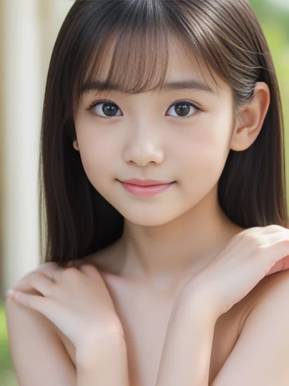 (Highest Quality, masterpiece, super high resolution, (photorealistic:1.4), (realistic:1.3), Original Pictures), Midnight, 1girl, 13 years old, THE MOST FAMOUS JAPAN IDOL,(((nude))), stare at the viewer with your hands around your neck, Innocent Smile, (((Most realistic skin ))), (baby-like face), (Biggest Eye), (cutest lips ), (great body), (Cutest:1.35)、, Discounted images