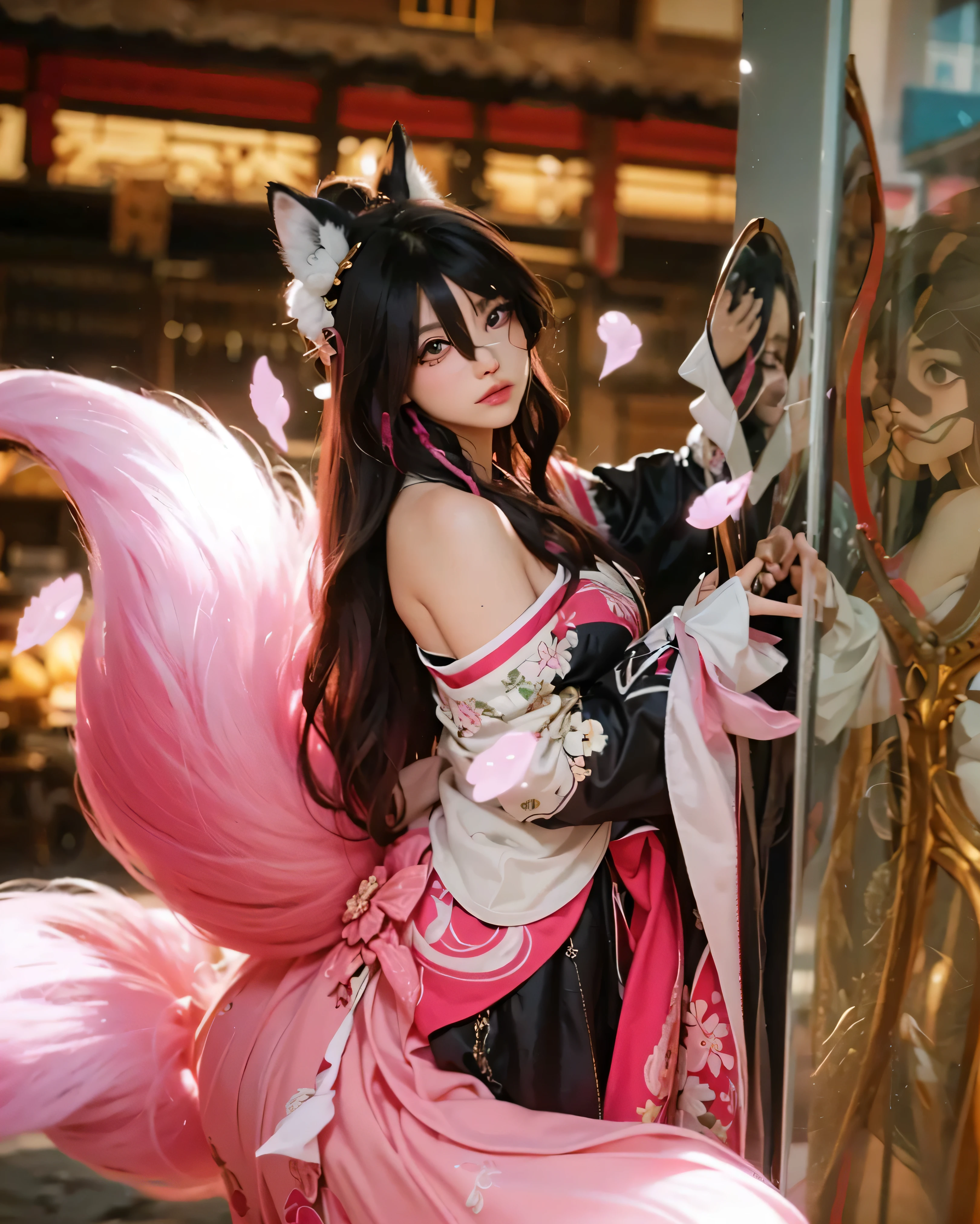 ((FUGUE X TINGYUN_HONKAI STAR RAIL)) ((photorealistic)),(highlight hair)), Light reflection, (( HD )),((upper body)), (((best quality, masterpiece))), (masterpiece) (best quality) (detail) (8k) (HDR) (wallpaper) (cinematic lighting) (sharp focuasterpiece, best quality: 1.1), Real life adaption of this character, realistic outfit, realistic shadow, realistic light, realism, hyper realistic, realistic background,realistic hair,(photorealistic:1.2), (masterpiece: 1.2), (best quality: 1.3), (clear details: 1.3), ((((ultra-detailed)))), ((detailed eyes)), (extremely detailed face:1.4), (highly detailed eyelash:1.6), (Masterpiece, Best quality, best shadow), (detailed background),(masterpiece, best quality:1.2)Asian woman, 20s, in a vibrant, intricate cosplay costume.  Kimono-style dress featuring rich, dark red, and brown patterns with accents of light pink and gold, intricate floral embroidery, and a loose, flowing fit.  Long, flowing, magenta-pink fox tails, detailed with glowing highlights, extending from the back.  Dark reddish-brown hair, shoulder-length, styled in loose waves with a hint of highlights.  Soft, gentle expression, neutral and approachable.  Slight turn of the head and a focused gaze, creating a sense of mystery.  Composition is centered, with the subject positioned slightly angled to face the camera.  Warm, soft lighting with a noticeable glow and highlights on the fox tails, creating a dramatic effect.  The background subtly depicts a traditional Asian building, with warm wooden tones and a sense of depth, creating a traditional yet fantastical feel.  Focus on the costume, highlighting the detail and colors,cosplay, and intricate details are emphasized.  Slight reflection of another figure on a mirrored surface, blending fantastical anime elements and the cosplay with a mirrored reflection, creating a sense of depth.  Soft, detailed textures in the fabrics, reflective surfaces, and fox tails.  The image exudes a sense of vibrancy and energy,Cherry bl