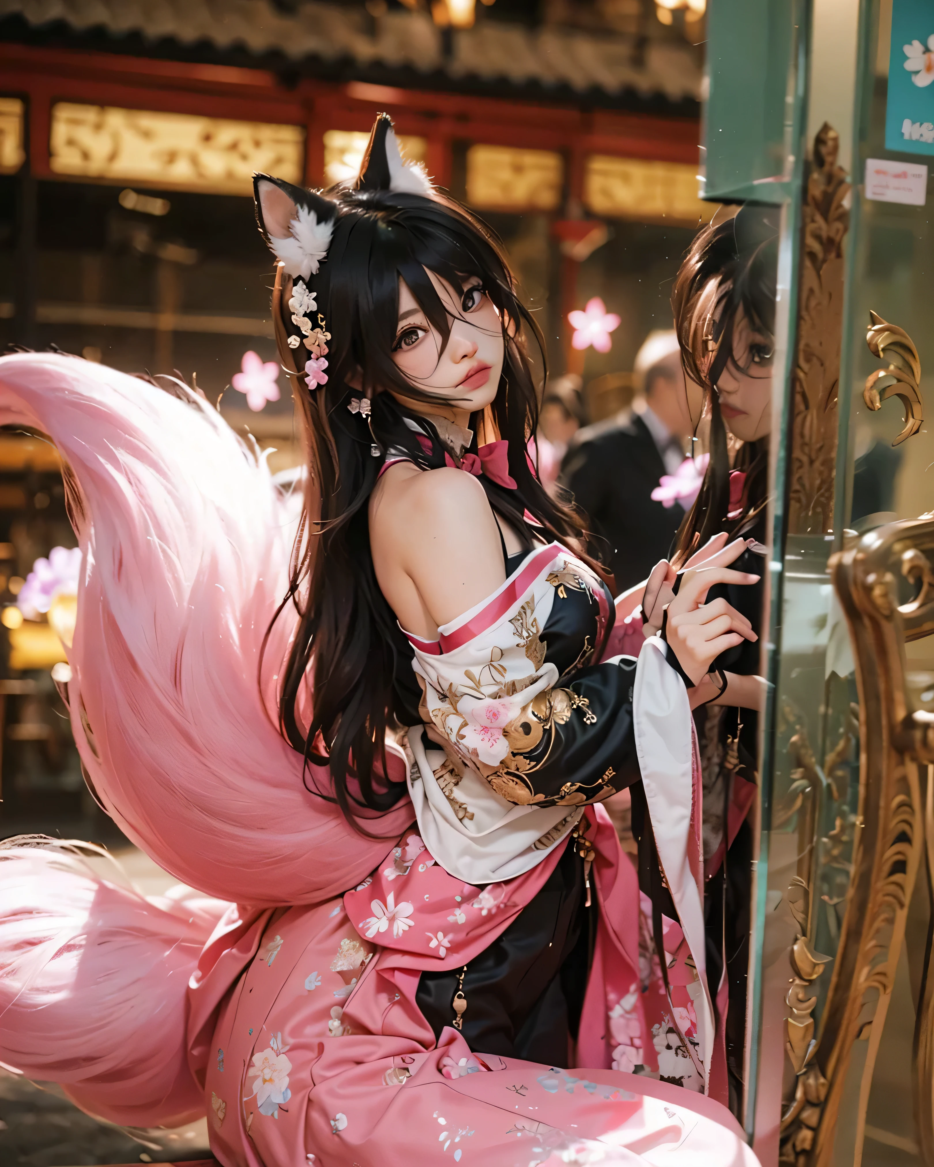 ((FUGUE X TINGYUN_HONKAI STAR RAIL)) ((photorealistic)),(highlight hair)), Light reflection, (( HD )),((upper body)), (((best quality, masterpiece))), (masterpiece) (best quality) (detail) (8k) (HDR) (wallpaper) (cinematic lighting) (sharp focuasterpiece, best quality: 1.1), Real life adaption of this character, realistic outfit, realistic shadow, realistic light, realism, hyper realistic, realistic background,realistic hair,(photorealistic:1.2), (masterpiece: 1.2), (best quality: 1.3), (clear details: 1.3), ((((ultra-detailed)))), ((detailed eyes)), (extremely detailed face:1.4), (highly detailed eyelash:1.6), (Masterpiece, Best quality, best shadow), (detailed background),(masterpiece, best quality:1.2)Asian woman, 20s, in a vibrant, intricate cosplay costume.  Kimono-style dress featuring rich, dark red, and brown patterns with accents of light pink and gold, intricate floral embroidery, and a loose, flowing fit.  Long, flowing, magenta-pink fox tails, detailed with glowing highlights, extending from the back.  Dark reddish-brown hair, shoulder-length, styled in loose waves with a hint of highlights.  Soft, gentle expression, neutral and approachable.  Slight turn of the head and a focused gaze, creating a sense of mystery.  Composition is centered, with the subject positioned slightly angled to face the camera.  Warm, soft lighting with a noticeable glow and highlights on the fox tails, creating a dramatic effect.  The background subtly depicts a traditional Asian building, with warm wooden tones and a sense of depth, creating a traditional yet fantastical feel.  Focus on the costume, highlighting the detail and colors,cosplay, and intricate details are emphasized.  Slight reflection of another figure on a mirrored surface, blending fantastical anime elements and the cosplay with a mirrored reflection, creating a sense of depth.  Soft, detailed textures in the fabrics, reflective surfaces, and fox tails.  The image exudes a sense of vibrancy and energy,Cherry bl