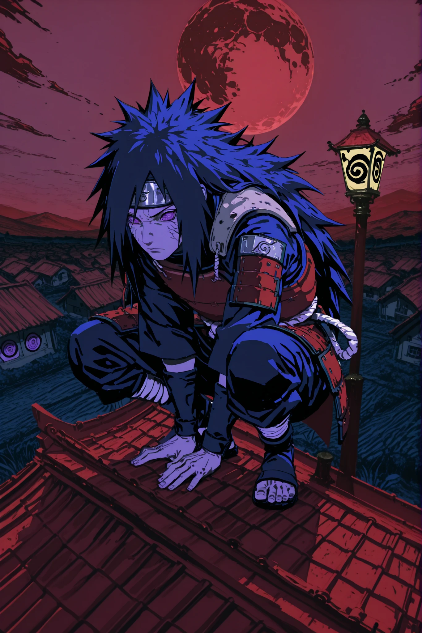 Madara from Naruto,ninja,Japanese armor,High contrast,red ,blue,yellow,ojos yellows,crouching,Squatting on a lamp post,On top,rural village,from above a roof,trapping, red moon in the sky , Rinnegan-IL.v1.0, purple eyes, circled eyes, ringed eyes,