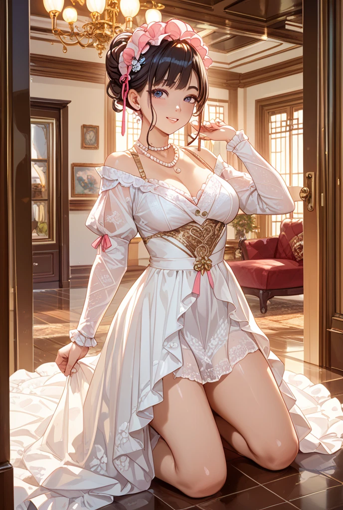 masterpiece, best quality, ultra detailed, detailed eyes, sparkling eyes, nsfw, ((large breasts)), (((see through))), 1girl, The image features a young woman with long, dark hair adorned with a golden hair accessory and a blue ribbon. She has a fair complexion and striking blue eyes. Her attire is a blend of elegance and modern fashion, characterized by a black, lace-trimmed halter dress that accentuates her figure. The dress has intricate details, including a high neck with lace accents, a fitted bodice, and gold chain decorations around the waist and hips. She is standing in a beautifully decorated indoor space filled with vibrant yellow and white flowers, creating a warm and inviting atmosphere. The background showcases large, arched windows that allow natural light to flood the scene, highlighting the floral arrangements and adding a soft glow to the overall setting. The woman’s expression is gentle and somewhat contemplative, as she touches her face lightly with one hand, giving the image a serene and intimate feel.