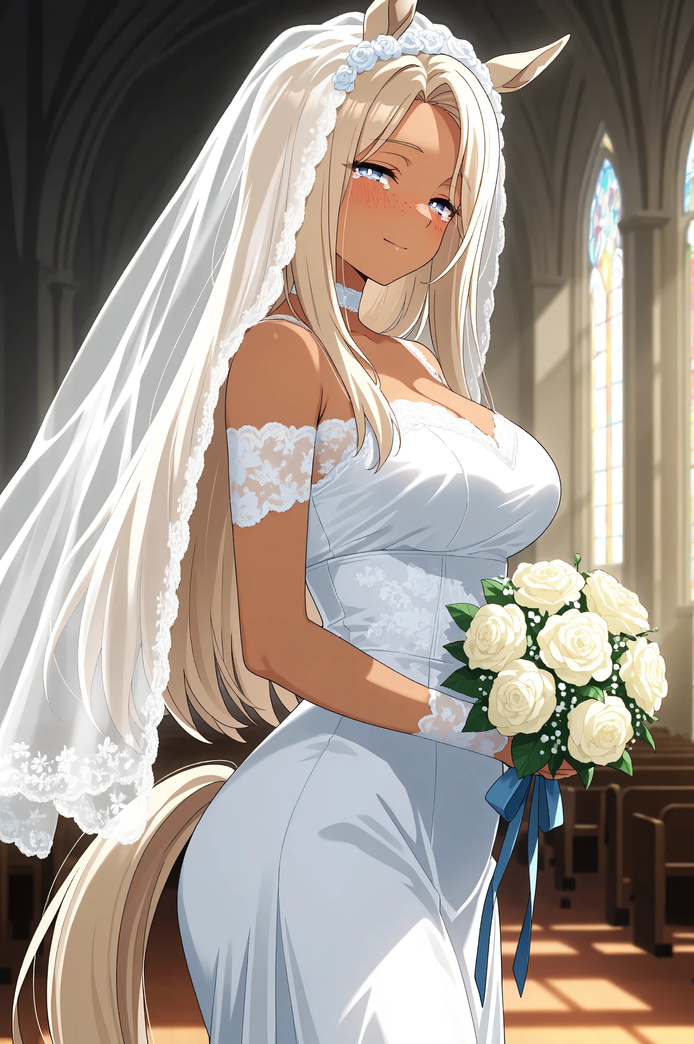 masterpiece, best quality, amazing quality, very aesthetic, safe, from side, horse girl, mature female, light smile, blush, looking at viewer, half-closed eyes, tearing up, holding bouquet, light blonde hair, long hair, straight hair, light blue eyes, white pupils, dark skin, freckles, horse ears, horse tail, medium breasts, wide hips, wedding dress, bridal veil, lace trim, choker, solo focus, indoors, church, shade, blurry background, absurdres, (anime screencap), lineart