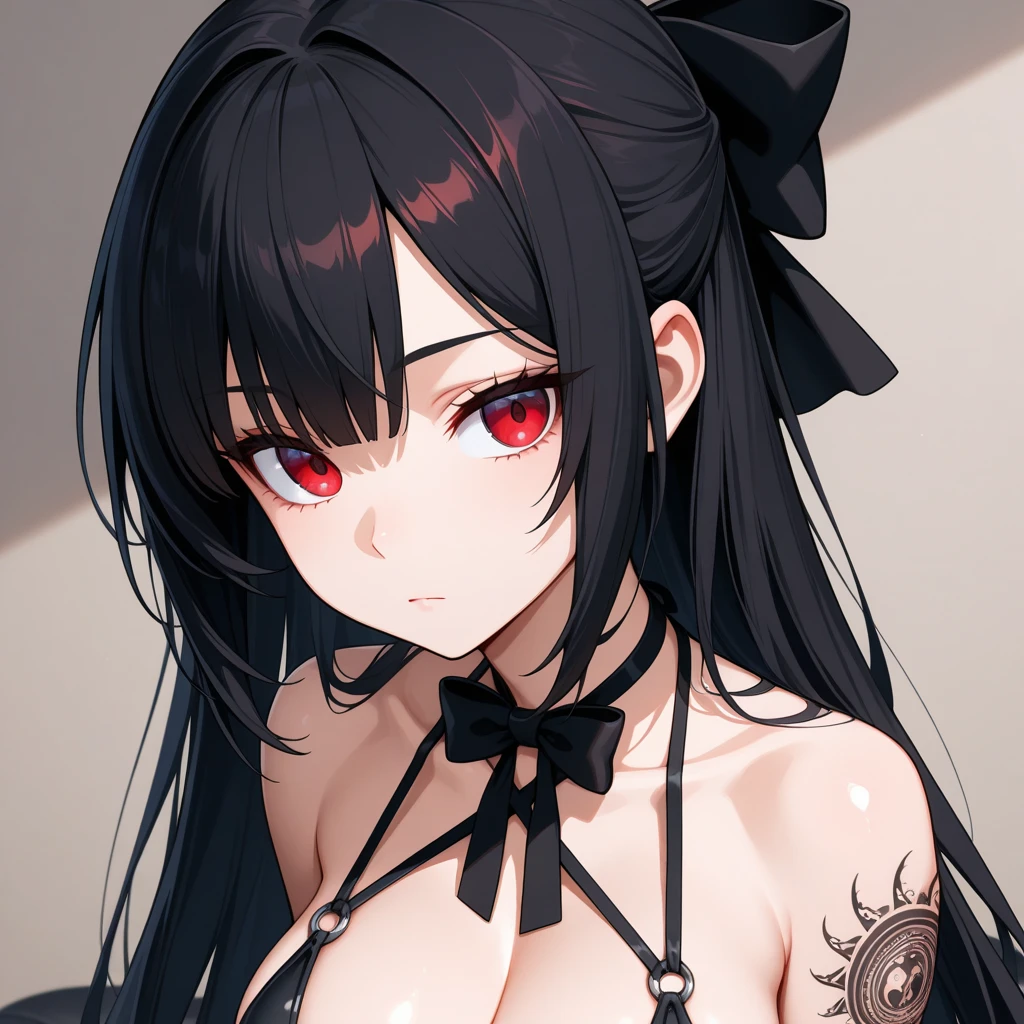 masterpiece, zoom out, score_9, score_8_up, score_7_up, portrait, 1 girl, alone, black hair, long hair, long split bangs, white eyes, black sclera, (red eye shadow, small smile), evil, parted lips, expressionless, big breasts, upper body, V-neck strap basic dress, black bottom, best quality, long split bangs.