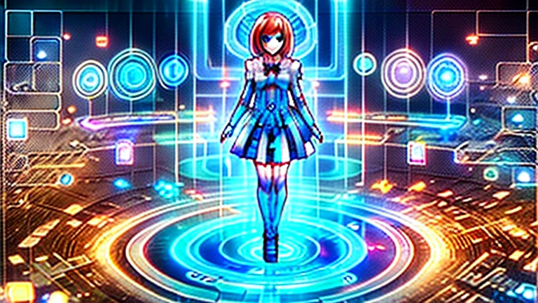masterpiece,best quality,highly detailed,1girl,solo,<lora:DynaG:0.6>,orange hair,yellow eyes,cowboy shot,
<lora:digitalTransformationEffect:0.7>,digiTransEffect,hologram,holographic body,holographic legs,holographic arms,holographic buildings,dynamic pose,fighting stance,