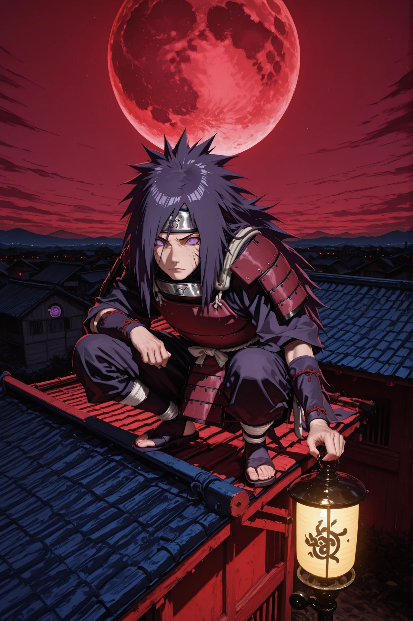 Madara from Naruto,ninja,Japanese armor,High contrast,red ,blue,yellow,ojos yellows,crouching,Squatting on a lamp post,On top,rural village,from above a roof,trapping, red moon in the sky , Rinnegan-IL.v1.0, purple eyes, circled eyes, ringed eyes,realista