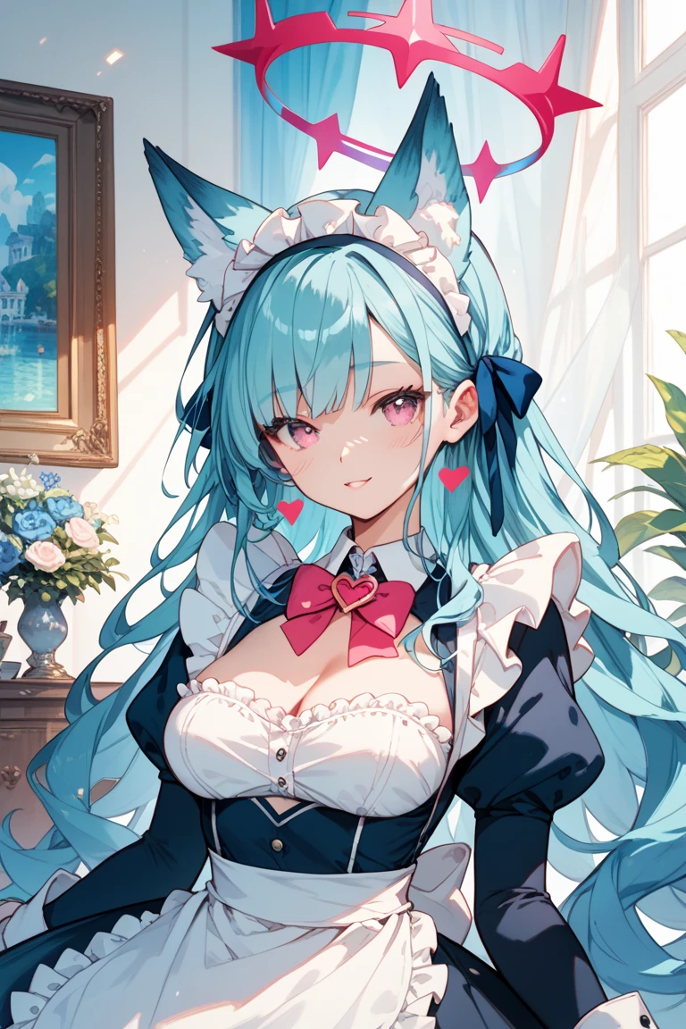 A girl with light blue bob and mouse ears 、Hair slightly braided、She has a mole under her eye, is palm-sized and sweet, and wears a light blue lolita outfit with a sexy frilly heart-shaped opening on the chest.、Exposing her breasts、whole body、Character portrait、Turning around、Get angry