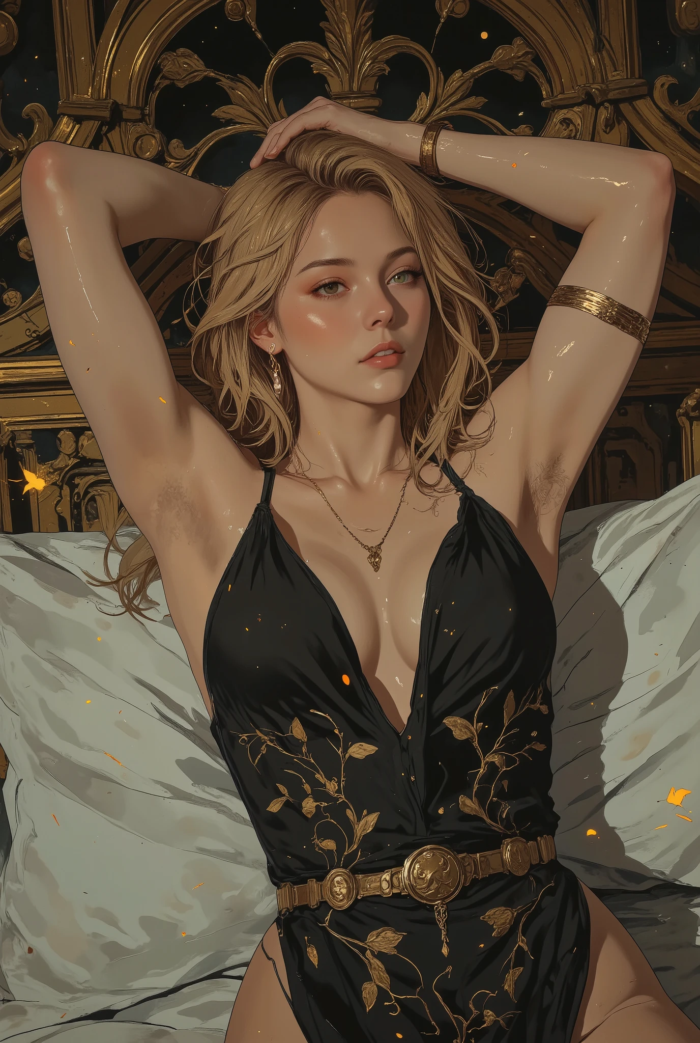 QMarika,Marina Bondarko as a breathtakingly beautiful goddess,
she wears Queen Marika dress,
perfect round breasts, partially exposed breasts,
she has toned body, her skin is glistening with sweat, sweaty body, sweaty skin, her hair falls beautifully on her shoulder, blonde textured hair, shoulder length hair
her expression a mix of sorrow and sadness.
she is in a bedroom,
she lays on the bed with her both her arms behind her head,
her head on the pillow, the bed is ornate,
she is looking away,
Half-Body Shot, extremely detailed, magical fireflies flying in the background, masterpiece, high detail, high resolution, best image, top quality, ultra high definition,
captivating epic magical vibe, no distortions, 8K resolution, award-winning, trending on Artstation,
early morning with frontal lighting, with lighting focusing on her face and body,