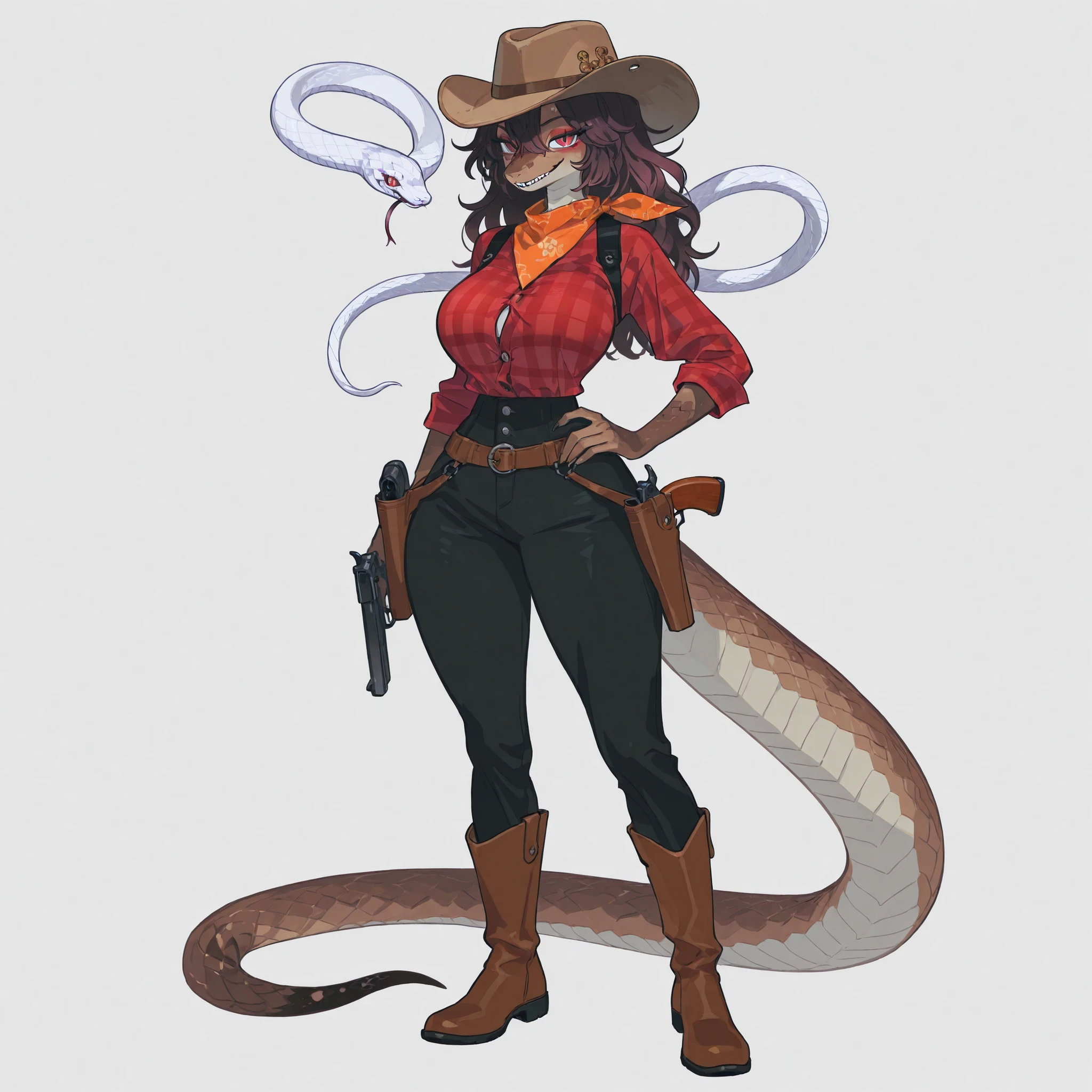 masterpiece, ultra-HD, impressionism, high detail, best quality, very aesthetic, 8K, best quality, beautiful, ultra-high resolution, 32K UHD, 4ki4k4ne_illu, 1woman, solo, anthro furry, snake, elongated snout, snake tail, brown scales, brown skin, long wavy black hair, red eyes, almond-shaped eyes, eyelashes, red eyeliner, slit pupils, sharp teeth, big breasts, wide hips, narrow waist, thick thighs, shapely legs, slim, red plaid buttoned shirt, brown cowboy hat, orange bandana neck, long brown boots, gun holster, blushed, smirk, cute, hand on hips, standing, full body, looking at the viewer, simple background, front view