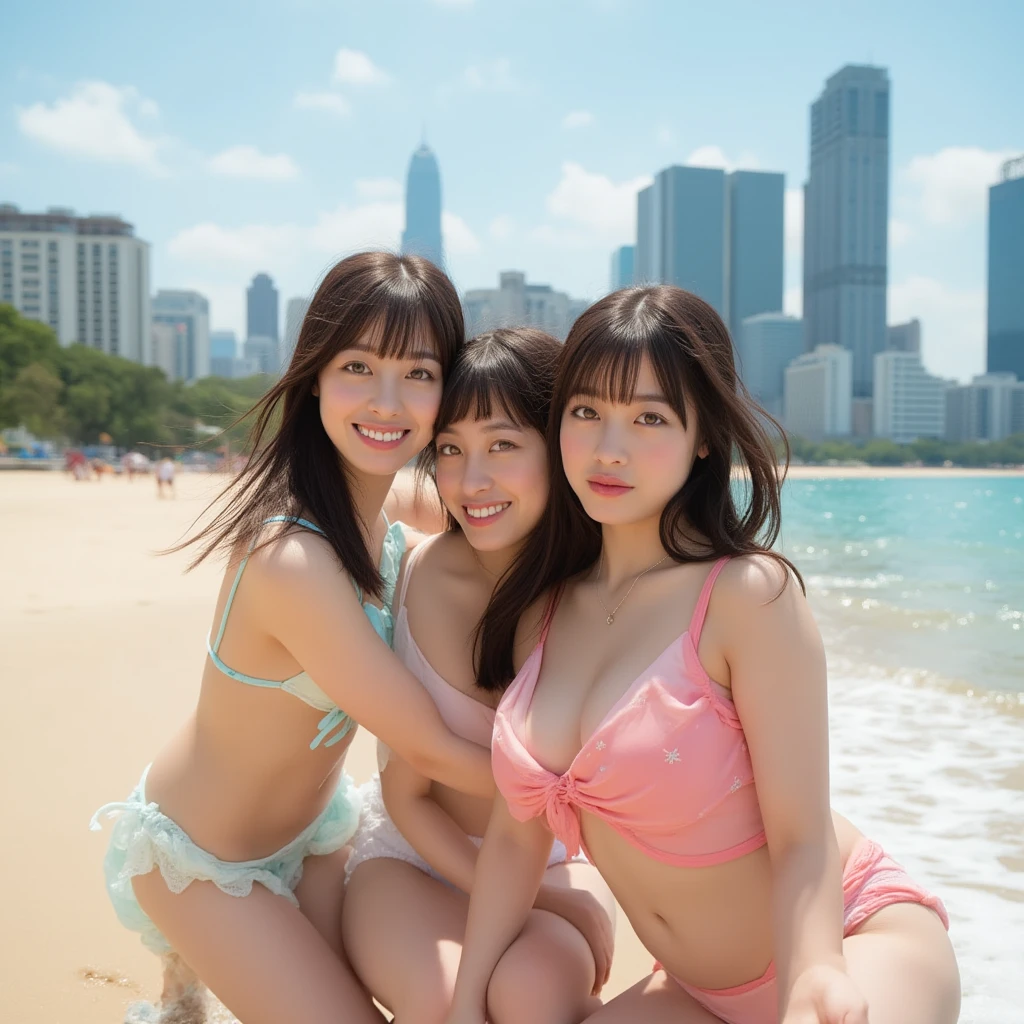 a group of girls in Odaiba Beach, sitting on sand, under beach umbrella, cute, kawaii, sexy, smile, laugh, posing, looking at viewer, (((best quality, masterpiece))), (((extremely detailed))), RAW photo, realistic, cinematic lighting, best quality, 8k uhd,