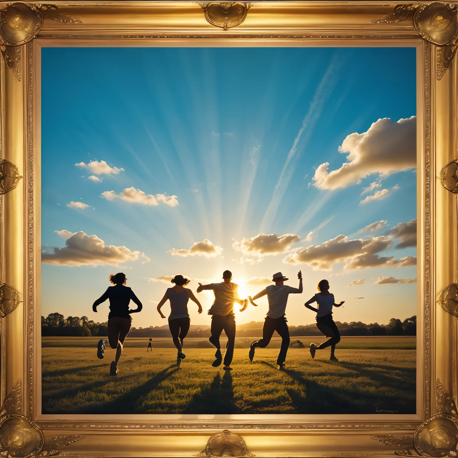 Bright and nostalgic jazz-themed artwork, silhouettes of friends running through a wide field, golden sunlight, blue sky with fluffy clouds, cinematic, vintage film look, no text, oil painting style