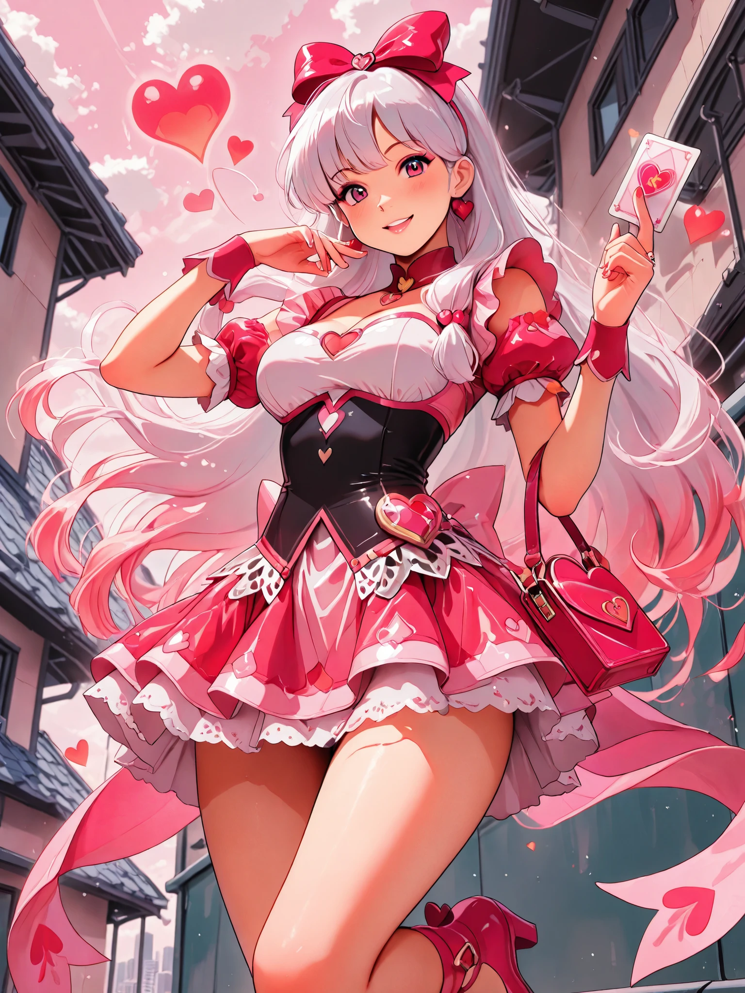masterpiece, best quality, sweetheart witch, magical girl outfits, large red heart-shape symbol on her outfits, card case, magical card on her hand, pose with the magical card, natural face, forthcoming pose, at the building rooftop, card on hand, motion line, ducth angle, from below, pink and red color palette.