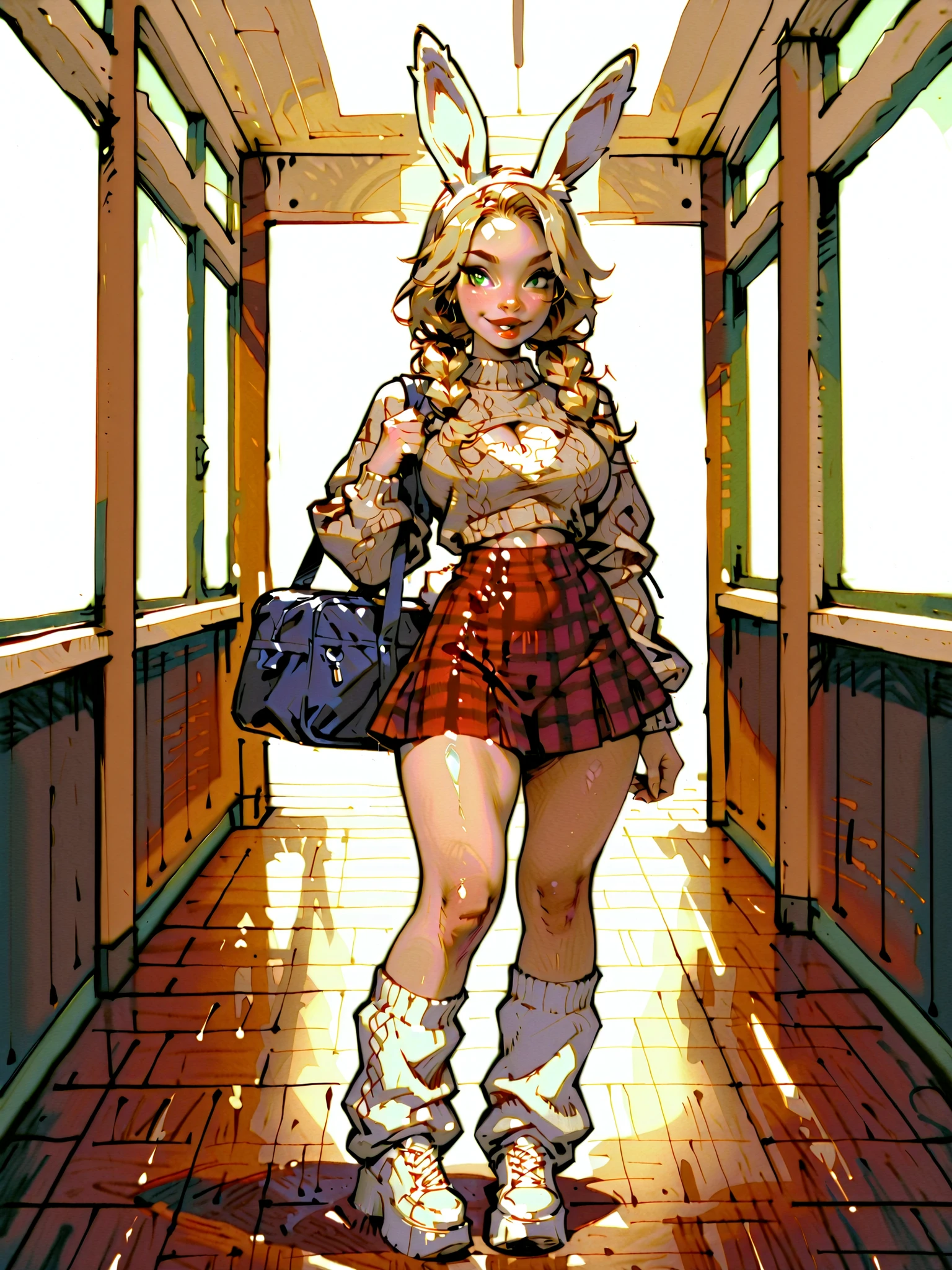 (sexy), (Pencil drawing of a young Japanese womancosplayer with long blonde hair in pigtails, wearing white bunny ears and a beige cropped sweater, a short red plaid skirt showing white fluffy bunny tail, white leg warmers, and white platform shoes, carrying a dark blue shoulder bag, posing and looking over her shoulder with a gentle smile in a school hallway with light beige walls and green blackboards, standing in a long empty school hallway), full lips, cute, small curvy, sexy and sensual, sexy expression, captivating and tempting, Very attractive and beautiful girl, model body, perfect body, sensual body, very feminine body, ultra high resolution, 8k, Best quality, Masterpiece, hyper realistic, amazing, extremely detailed, Sharp focus, detailed face, Perfect legs, silky skin, Playboy photo style, sinuous look, cinematic lighting, perfect eyes, (perfectly defined eyes), detailed eyes, perfect hands, Highly detailed body, Masterpiece, Detailed and tempting lips, Very large breasts, marked breasts, female hands, (((sketch art, pencil drawing)))