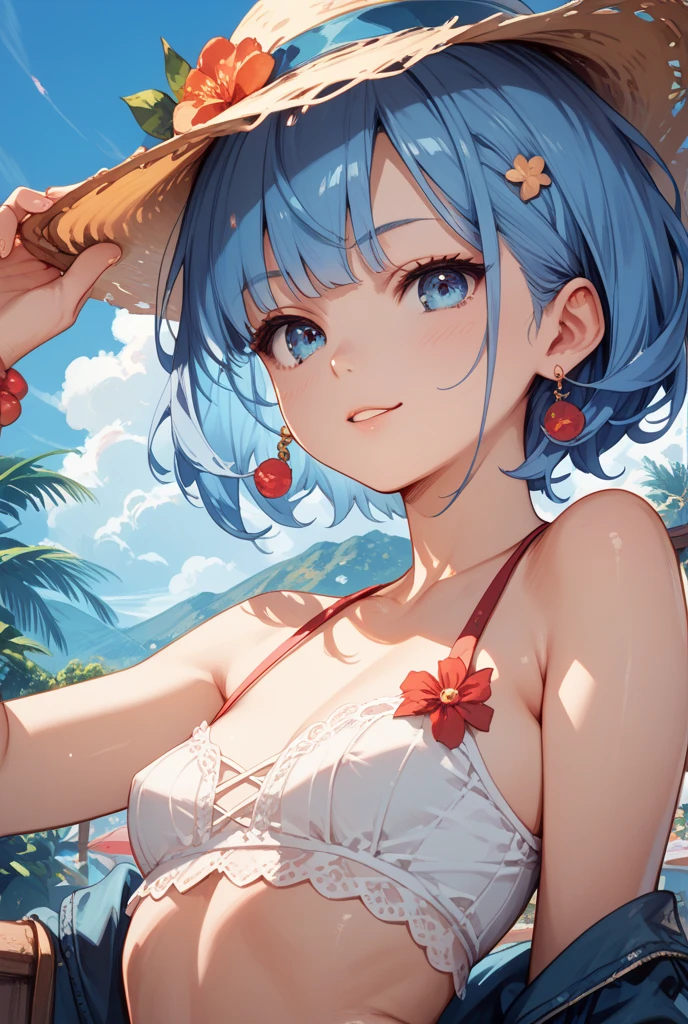 Light blue hair、Short Bob、Deep green eyes、Age 25、Strapless one piece swimsuit、Budweiser pattern、Sunset on the beach、Sexy pose、ennui