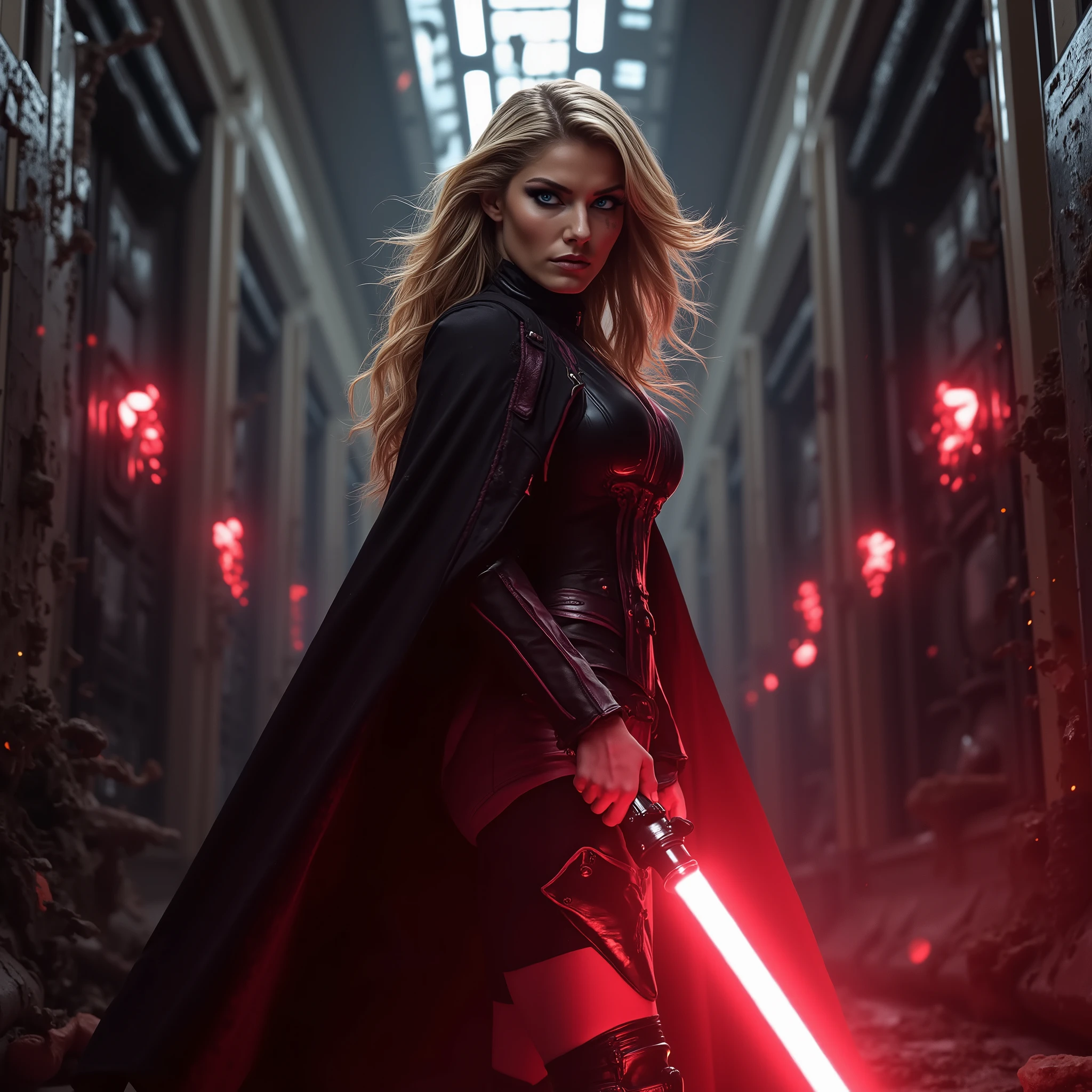 Dynamic battle scene of a Sith assassin, she holds a red lightsaber and stands in the dark Spaceship corridors. Head slightly lowered and turned to the side, angry and determined look sideways at the observer. Her big blue and penetrating eyes, full intensity, convey an invincible confidence. Her face is illuminated red by the glow of her lightsaber. she is wearing a black cape , including a tight-fitting cropped combat suit, black with subtle accents and ornaments in burgundy, that accentuates her figure in a graceful way. The fabric of her outfit fits her body perfectly, to allow freedom of movement for quick and acrobatic attacks. She is wearing short shorts and black leather boots, that reaches below the knees. The golden blond hair, tousled by the fight, swirls dramatically. Every gesture of her hand and every look reveals absolute control over her powers, makes her enemies tremble before the fight. Damaged walls, with glowing bullet points, from the ceiling hang destroyed components, sparks spray sparks. The corridors are dark and foggy, light red shimmering light, How from alarm lights. gloomy science fiction atmosphere, Cineastischer Look. dramatic low-key lighting, starke Kontraste.