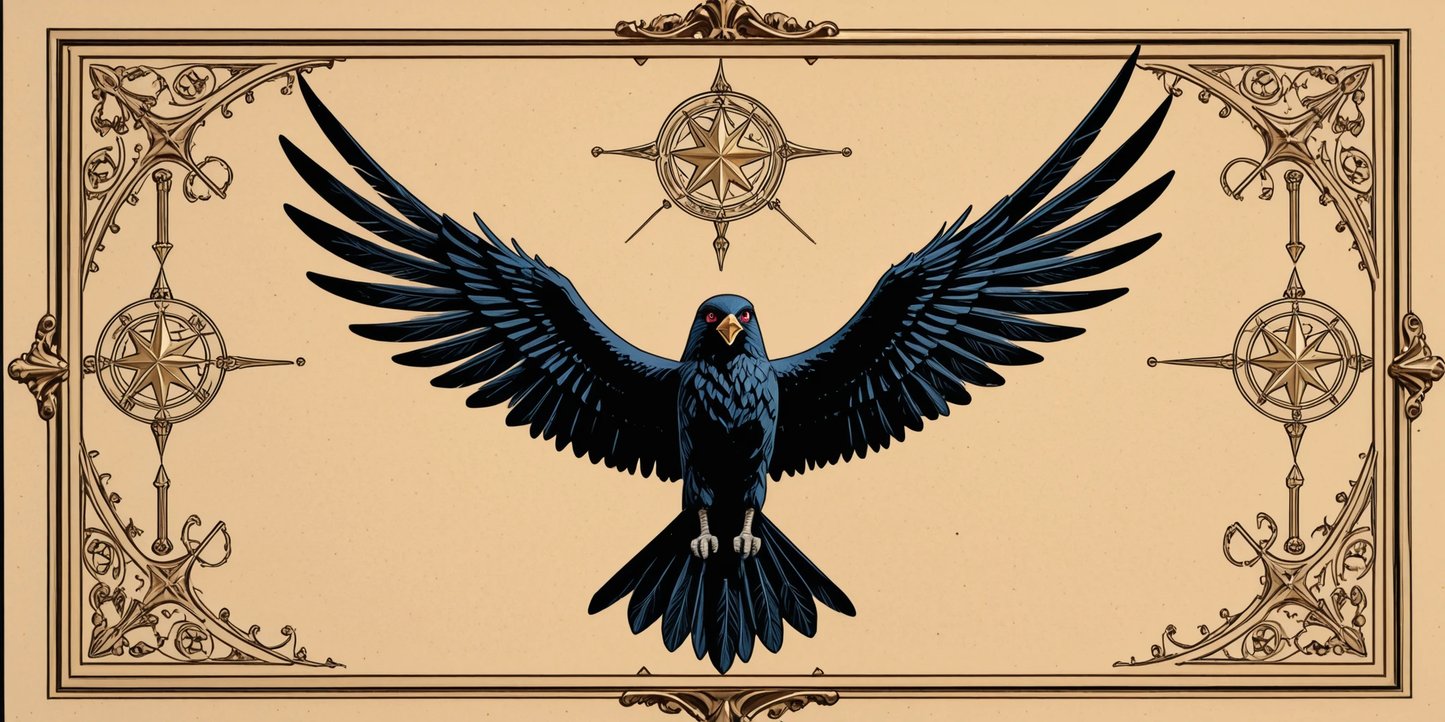 The background has a 3D format that goes into the distance. There is a stigma in front of him ( A star ) with 16 ends with different symbols, Norwegian signs and Buddhist symbols. At the center of the stigma, a bird with 4 eyes flies out in the form of a dark phoenix.
 Tattoo style 