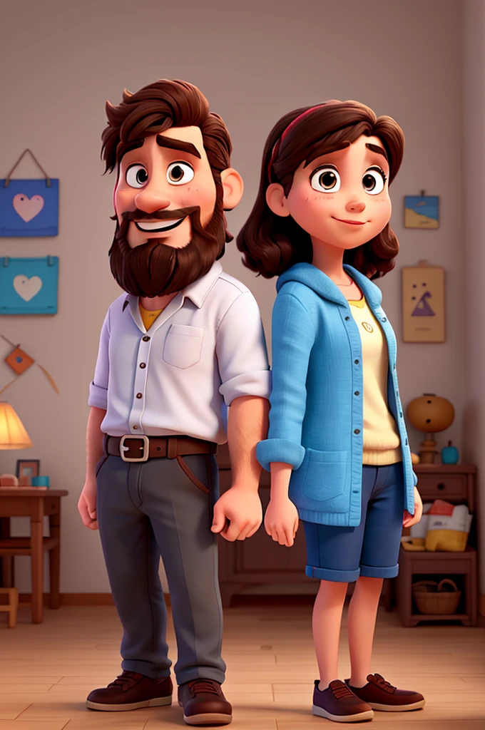 um casal, um rapaz pardo de cabelo cacheado e raspado dos lados e com barba na me bochechas, Blue collar blouse and button down kissing the head of a brown girl, de cabelos lisos, brinco e blusa gola alta verde